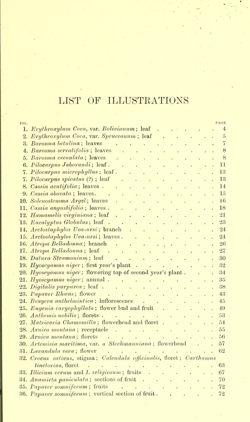 LIST OF ILLUSTRATIONS PIG. TAIiTS 1. Evythroxyltom Coca, vajc. Bolivianum; leaf . . . . .4 2. Erijthroxylum Coca, var. SpriKeanum; leaf . . . . . 5 3. Barosnia betuUna; leaves ........ 7 4. Barosma serratifolia; leaves . . . . . . . . 8 5. Barosma crenulata; leaves ........ 8 6. Pilocarjnos Jaborandi; leaf. . . . . . . . . 11 7. Pilocarpus microphyllus ; leaf ........ 13 7. Pilocarpus spicatus (?) ; leaf . . 13 8. Cassia acutifolia; leaves ......... 14 9. Cassia obovata; leaves. . . . . , . , . . . 15 10. Solenostemma Argel; leaves ........ 16 11. Cassia, angustifoUa.; leaves . . . . . . . . . 18 12. Hamamelis virgijiiana ; leaf ........ 21 13. Eucalypitus Globulus; leaf . . . . . . . . . 23 14. Arctostaphylos Uva-ursi; branch 24 15. Arctostaphylos Uva-ursi; leaves 24 10. Atroj)a Belladonna; branch . . . • i • • • .26 17. Atropa Belladonna ; leaf 27 18. Datura Stramonium; leaf 80 19. Hyoscyamus niger; first year's plant . . . . . . . 32 20. Hyoscyamus niger; flowermg top of second year's plant . . . 34 21. Hyoscyamus niger; annual . . . . . . . . . 35 22. Digitalis pxirpurca ; leaf 38 23. Papaver Bhoeas ; flower 43 24. Brayera anthehnintica; inflorescence ...... 45 25. Eugenia caryophyllata; flower bud and fruit 49 26. Anthemis nobilis ; florets ......... 53 27. Matricaria ChamomUla ; flowerhead and floret 54 28. Arnica montana ; receptacle ........ 55 29. Arnica montana; florets . . . . . . . . . 56 30. Artemisia maritima, var. a Steclimanniana,; flowerhead . . 57 31. Lavandula vera; flower . . . . . . . . . 62 32. Crocus sativus, stigma; Calendula officinalis, floret; Carthamus tinctorius, floret .......... 63 33. Illiciicm verum a,nd 1. religiosum; fruits . . . . . . 67 34. Anamirta paniculata ; sections of fruit 70 35. Papaver somniferum; fruits . . . . . . . . 72 36. Pcipaver somniferum ; vertical section of fruit 72