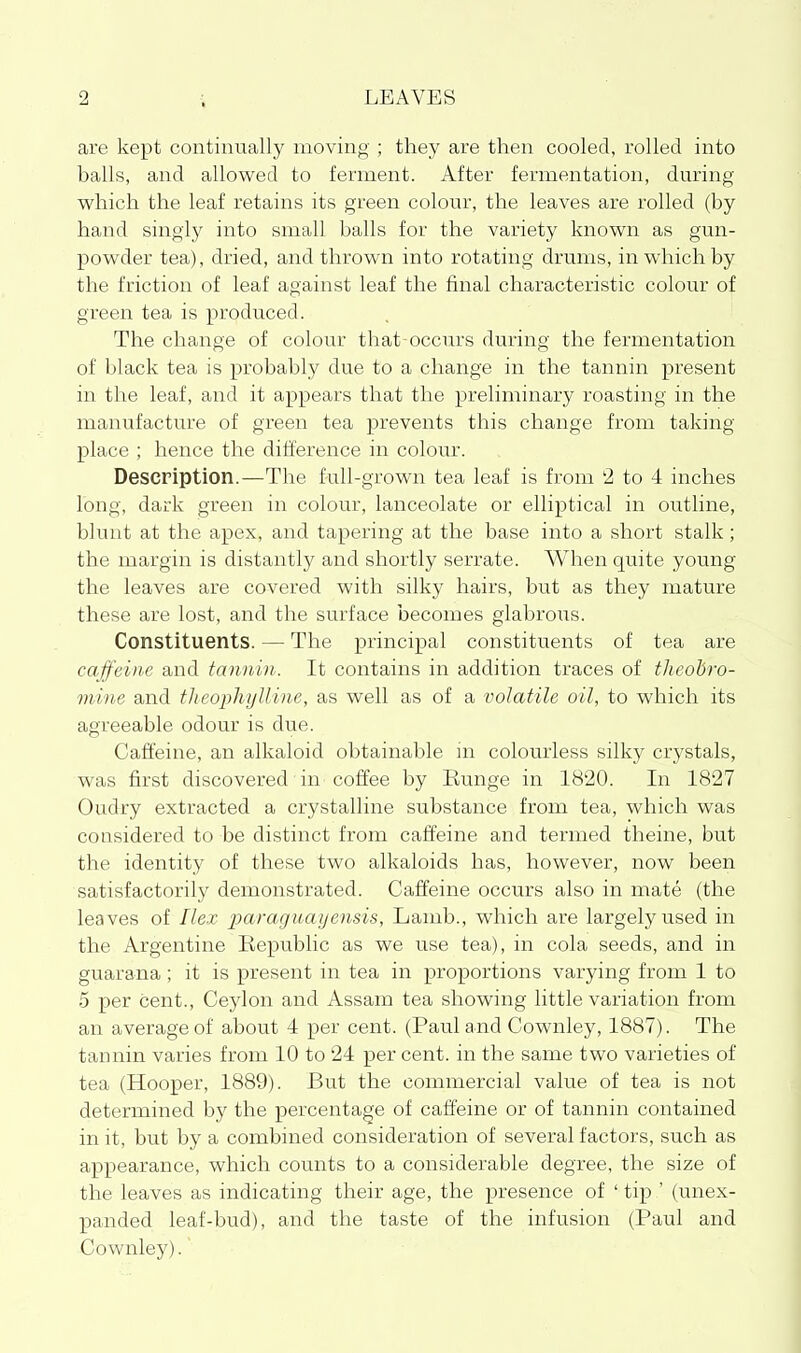 are kept continually moving ; they are then cooled, rolled into halls, and allowed to ferment. After fermentation, during which the leaf retains its green colour, the leaves are rolled (by hand singly into small balls for the variety known as gun- powder tea), dried, and thrown into rotating drums, in which by the friction of leaf against leaf the final characteristic colour of green tea is produced. The change of colour that-occurs during the fermentation of black tea is probably due to a change in the tannin present in the leaf, and it appears that the preliminary roasting in the manufacture of green tea prevents this change from taking place ; hence the difference in colour. Description.—The full-grown tea leaf is from 2 to 4 inches long, dark green in colour, lanceolate or elliptical in outline, blunt at the apex, and tapering at the base into a short stalk; the margin is distantly and shortly serrate. When quite young the leaves are covered with silky hairs, but as they mature these are lost, and the surface becomes glabroiis. Constituents. — The principal constituents of tea are cajfeine and tannin. It contains in addition traces of theobro- mine and tlieophylline, as well as of a volatile oil, to which its agreeable odour is due. Caffeine, an alkaloid obtainable in colourless silky crystals, was first discovered in coffee by Eunge in 1820. In 1827 Oudry extracted a crystalline substance from tea, which was considered to be distinct from caffeine and termed theine, but the identity of these two alkaloids has, however, now been satisfactorily demonstrated. Caffeine occurs also in mate (the leaves of Ilex imraguayensis, Lamb., which are largely used in the Argentine Eepublic as we use tea), in cola seeds, and in guarana; it is present in tea in proportions varying from 1 to 5 per cent., Ceylon and Assam tea showing little variation from an average of about 4 per cent. (Paul and Cownley, 1887). The tannin varies from 10 to 24 per cent, in the same two varieties of tea (Hooper, 1889). But the commercial value of tea is not determined by the percentage of caffeine or of tannin contained in it, but by a combined consideration of several factors, such as appearance, which counts to a considerable degree, the size of the leaves as indicating their age, the presence of ' tip ' (unex- panded leaf-bud), and the taste of the infusion (Paul and Cownley).