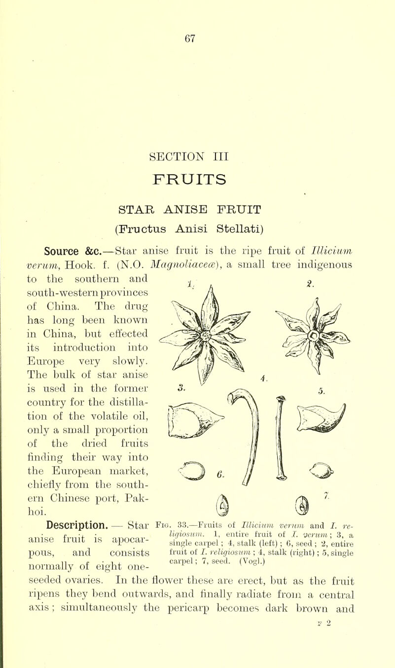 SECTION III FRUITS STAR ANISE FRUIT (Fructus Anisi Stellati) Source &C.—Star anise fruit is the ripe fruit of Illicium verum, Hook. f. (N.O. MagnoUacecc), a small tree indigenous to the southern and south-western provinces of China. The drug- has long been known in China, but effected its introduction into Europe very slowly. The bulk of star anise is used in the former country for the distilla- tion of the volatile oil, only a small proportion of the dried fruits finding their way into the European market, chiefly from the south- ern Chinese port, Pak- hoi. Description. — Star Fig- 33.—Fruits of IlUciuui vcriiiii and I. re- nnkp fvni> k onnpni- Hgiosuvi. 1, entire fruit of J. vmim; 3, a anise UUIC is apocai- single carpel; 4, stalk (left); 6, seed ; 2, entire pons, and consists fi'uit of I- religiosum ; 4, stalk (right); 5, single ,1 r. ■ 1 , carpel; 7, seed. (Vogl.) normally oi eight one- \ o ; seeded ovaries. In the flower these are erect, but as the fruit ripens they bend outwards, and finally radiate from a central axis ; simultaneously the pericarp becomes dark brown and
