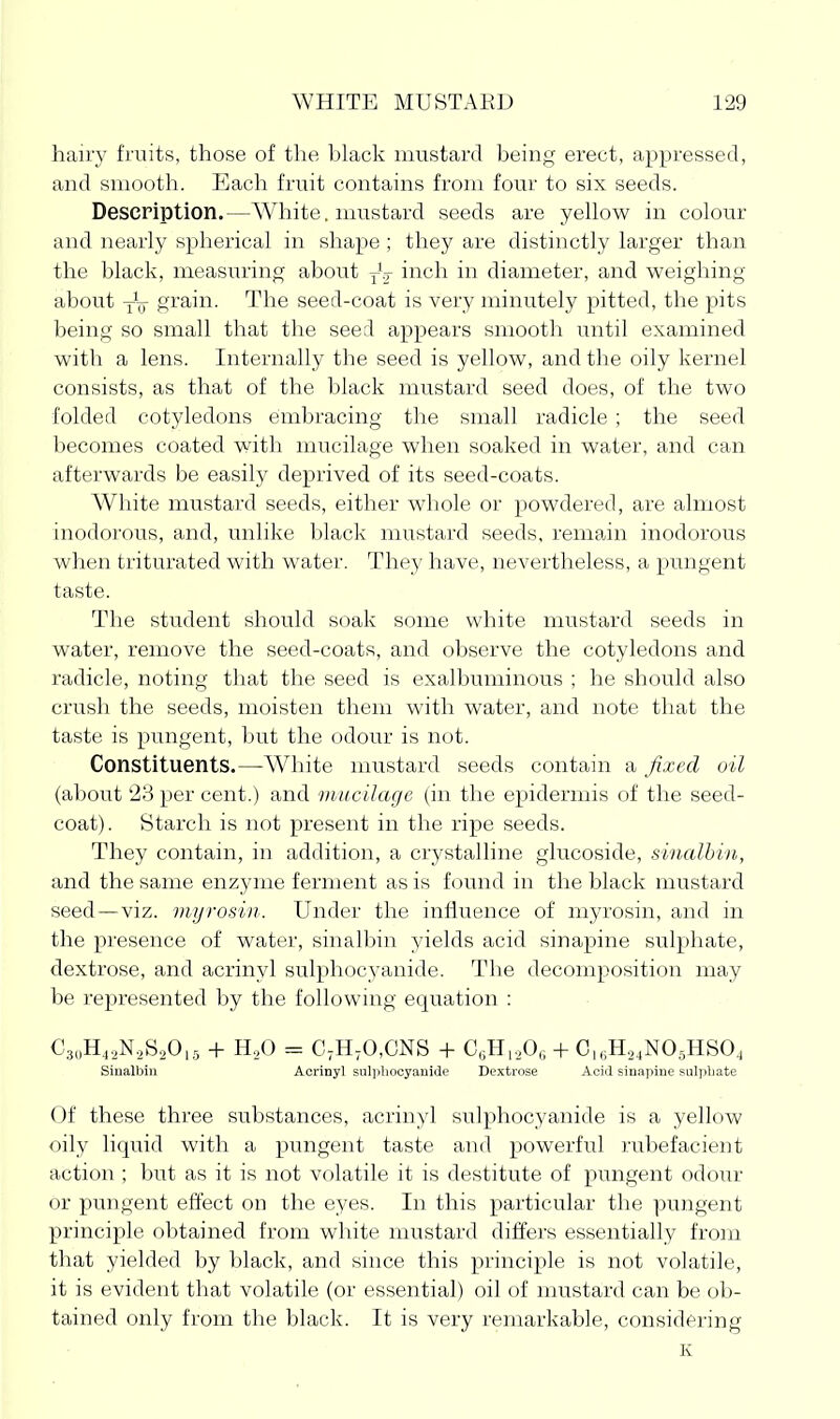 hairy fruits, those of the black mustard being erect, appressed, and smooth. Each fruit contains from four to six seeds. Description.—AVhite. mustard seeds are yellow in colour and nearly spherical in shape ; they are distinctly larger than the black, measuring about jV inch in diameter, and weighing about Yo grain. The seed-coat is very minutely pitted, the pits being so small that the seed appears smooth until examined with a lens. Internally the seed is yellow, and the oily kernel consists, as that of the black mustard seed does, of the two folded cotyledons embracing the small radicle ; the seed becomes coated with mucilage when soaked in water, and can afterwards be easily deprived of its seed-coats. White mustard seeds, either whole or powdered, are almost inodorous, and, unlike black mustard seeds, remain inodorous when triturated with water. They have, nevertheless, a pungent taste. The student should soak some white mustard seeds in water, remove the seed-coats, and observe the cotyledons and radicle, noting that the seed is exalbuminous ; he should also crush the seeds, moisten them with water, and note tliat the taste is pungent, but the odour is not. Constituents.—White mustard seeds contain a ^fixed oil (about 23 per cent.) and mucilage (in the epidermis of the seed- coat). Starch is not present in the ripe seeds. They contain, in addition, a crystalline glucoside, sinalhin, and the same enzyme ferment as is found in the black mustard seed—viz. myrosin. Under the influence of myrosin, and in the presence of water, sinalbin yields acid sinapine sulphate, dextrose, and acrinyl sulphocyanide. The decomposition may be represented by the following equation : C3„H,.,N,,S20,,5 + H.>0 = C,H-0,CNS + C«H,,,0,, + C,,iH,,4N05HSO, Siualbin Acrinyl sulphooyanidc Dextrose Aciil sinajiiue snljiliate Of these three substances, acrinyl sulphocyanide is a yellow oily liquid with a pungent taste and powerful rubefacient action ; but as it is not volatile it is destitute of pungent odour or pungent effect on the eyes. In this particular the pungent principle obtained from white mustard differs essentially from that yielded by black, and since this principle is not volatile, it is evident that volatile (or essential) oil of mustard can be ob- tained only from the black. It is very remarkable, considering K