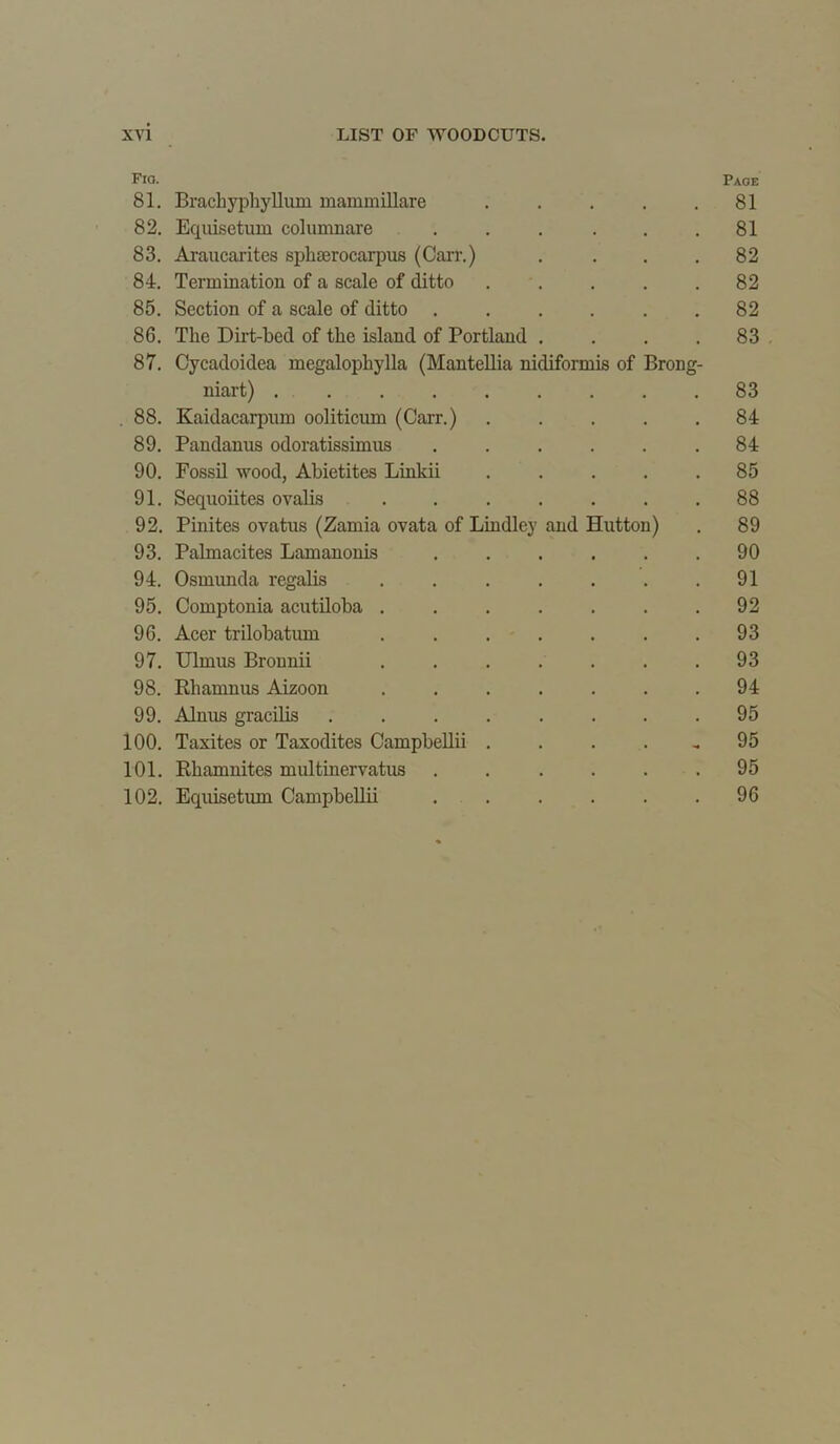 Fia. Page 81. Brachyphyllum mammillare . . . . .81 82. Equisetum columnare . . . . . .81 83. Araucarites sphserocarpus (Carr.) . ... 82 84. Termination of a scale of ditto . . . . .82 85. Section of a scale of ditto ...... 82 86. The Dirt-bed of the island of Portland . . . .83 87. Cycadoidea megalopliylla (Mantellia nidiformis of Brong- niart) ......... 83 88. Kaidacarpum ooliticum (Carr.) . . . . .84 89. Pandanus odoratissimus . . . . . .84 90. Fossil wood, Abietites Linkii ..... 85 91. Sequoiites ovalis ....... 88 92. Pinites ovatus (Zamia ovata of Lindley and Hutton) . 89 93. Palmacites Lamanonis ...... 90 94. Osmunda regalis . . . . . . .91 95. Comptonia acutiloba . . . . . . .92 96. Acer trilobatum . . . . . . .93 97. Ulmus Brounii ....... 93 98. Rhamnus Aizoon ....... 94 99. Alnns gracilis ........ 95 100. Taxites or Taxodites Campbellii . . . 95 101. Rhamnites multinervatus ...... 95 102. Equisetum Campbellii . . . . . .96