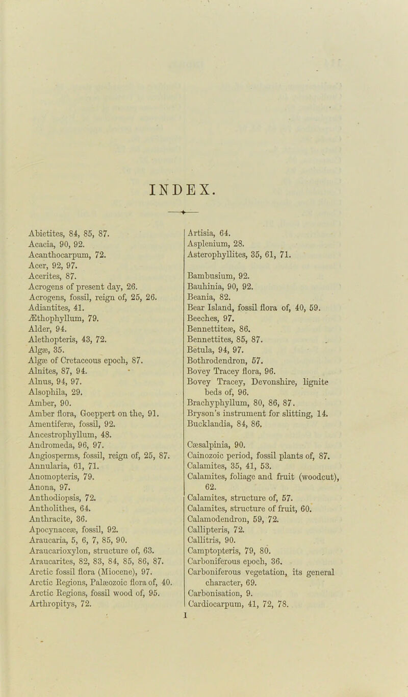 INDEX. Abietites, 84, 85, 87. Acacia, 90, 92. Acantkocarpum, 72. Acer, 92, 97. Acerites, 87. Acrogens of present day, 26. Acrogens, fossil, reign of, 25, 26. Adiantites, 41. dStkophyUum, 79. Alder, 94. Aletliopteris, 43, 72. Algae, 35. Algte of Cretaceous epoch, 87. Alnites, 87, 94. Alnus, 94, 97. Alsopliila, 29. Amber, 90. Amber flora, Goeppert on the, 91. Amentiferm, fossil, 92. Ancestropliyllum, 48. Andromeda, 96, 97. Angiosperms, fossil, reign of, 25, 87. Annularia, 61, 71. Anomopteris, 79. Anona, 97. Anthodiopsis, 72. Antholithes, 64. Anthracite, 36. Apocynacecc, fossil, 92. Araucaria, 5, 6, 7, 85, 90. Araucarioxylon, structure of, 63. Araucarites, 82, 83, 84, 85, 86, 87. Arctic fossil flora (Miocene), 97. Arctic Regions, Palamzoic flora of, 40. Arctic Regions, fossil wood of, 95. Arthropitys, 72. Artisia, 64. Asplenium, 28. Asterophyllites, 35, 61, 71. Bambusium, 92. Bauliinia, 90, 92. Beania, 82. Bear Island, fossil flora of, 40, 59. Beeches, 97. Bennettitere, 86. Bennettites, 85, 87. Betula, 94, 97. Botlirodendron, 57. Bovey Tracey flora, 96. Bovey Tracey, Devonshire, lignite beds of, 96. Brachypliyllum, 80, 86, 87. Bryson’s instrument for slitting, 14. Bucklandia, 84, 86. Ctesalpinia, 90. Cainozoic period, fossil plants of, 87. Calamites, 35, 41, 53. Calamites, foliage and fruit (woodcut), 62. Calamites, structure of, 57- Calamites, structure of fruit, 60. Calamodendron, 59, 72. Callipteris, 72. Callitris, 90. Camptopteris, 79, 80. Carboniferous epoch, 36. Carboniferous vegetation, its general character, 69. Carbonisation, 9. Cardiocarpum, 41, 72, 78. 1