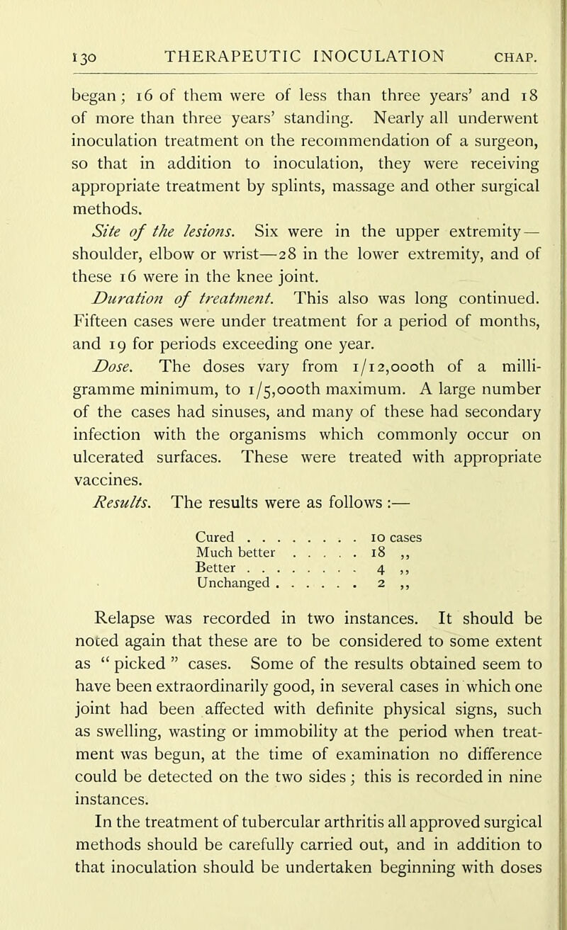 began ; 16 of them were of less than three years’ and 18 of more than three years’ standing. Nearly all underwent inoculation treatment on the recommendation of a surgeon, so that in addition to inoculation, they were receiving appropriate treatment by splints, massage and other surgical methods. Site of the lesions. Six were in the upper extremity — shoulder, elbow or wrist—28 in the lower extremity, and of these 16 were in the knee joint. Duration of treatment. This also was long continued. Fifteen cases were under treatment for a period of months, and 19 for periods exceeding one year. Dose. The doses vary from 1/12,000th of a milli- gramme minimum, to 1/5,oooth maximum. A large number of the cases had sinuses, and many of these had secondary infection with the organisms which commonly occur on ulcerated surfaces. These were treated with appropriate vaccines. Results. The results were as follows :— Relapse was recorded in two instances. It should be noced again that these are to be considered to some extent as “ picked ” cases. Some of the results obtained seem to have been extraordinarily good, in several cases in which one joint had been affected with definite physical signs, such as swelling, wasting or immobility at the period when treat- ment was begun, at the time of examination no difference could be detected on the two sides; this is recorded in nine instances. In the treatment of tubercular arthritis all approved surgical methods should be carefully carried out, and in addition to that inoculation should be undertaken beginning with doses Cured Much better . . Better Unchanged . . . 10 cases 2