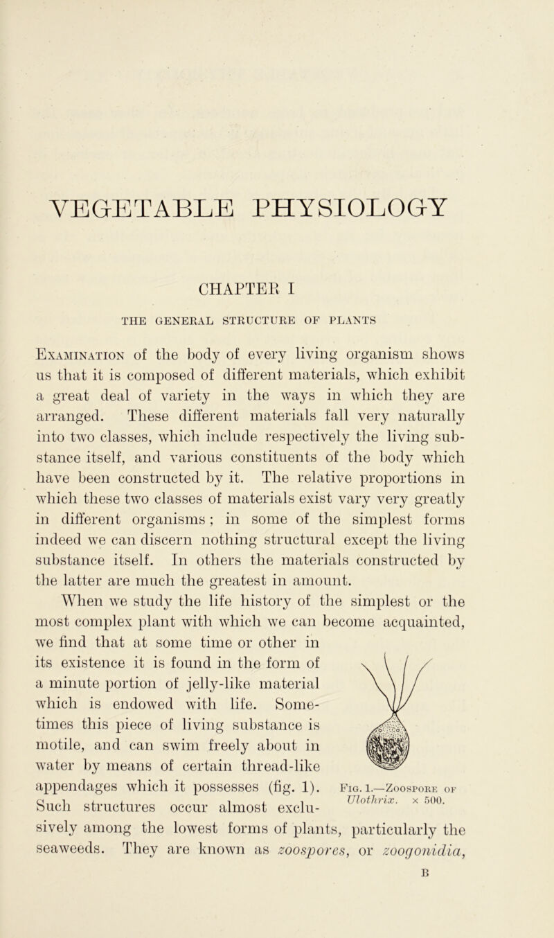 CHAPTER I THE GENERAL STRUCTURE OF PLANTS Examination of the body of every living organism shows us that it is composed of different materials, which exhibit a great deal of variety in the ways in which they are arranged. These different materials fall very naturally into two classes, which include respectively the living sub- stance itself, and various constituents of the body which have been constructed by it. The relative proportions in which these two classes of materials exist vary very greatly in different organisms; in some of the simplest forms indeed we can discern nothing structural except the living substance itself. In others the materials constructed by the latter are much the greatest in amount. When we study the life history of the simplest or the most complex plant with which we can become acquainted, we find that at some time or other in its existence it is found in the form of a minute portion of jelly-like material which is endowed with life. Some- times this piece of living substance is motile, and can swim freely about in water by means of certain thread-like appendages which it possesses (fig. 1). Such structures occur almost exclu- sively among the lowest forms of plants, particularly the seaweeds. They are known as zoospores, or zoogonidia, R Fig. 1.—Zoospore of Ulothrix. x 500.