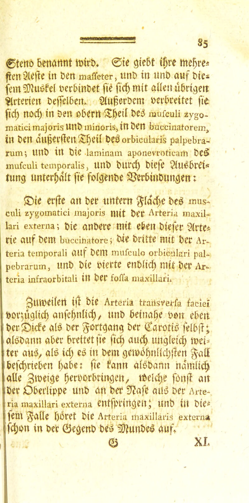 Ctetto bettiilirtt tDirt), 0te gi'cbt ijre me^re^ ften^iejle in i)en mafieter, unt) in unD auf t>iea fern fer&inDet fie fic^ mit alien ubrtgett ki’terien i)effel5en. Slu^erDem i^erbeeitet fie fid) nod) in Den oberrt ^^beil bCiJ mufcuii zygo- matici majoris UnD niinoriSj in Den buccinatorein, in Den dujevfien ^f}eil De^ orbicularis palpebra- rum; UnD in Die laminam aponevroticarii Dc^ mufculi temporalis j unD Diirc^ Diefe 5luipbrei« iung untci-^dlt fie fol^enDe Sl^erbinDiinsert i ^ie erfle an Dee iintern ?flnc()e De^ imis- culi zygomatici majoris niit Det Arteria maxil- lari externa; t>ic anDerc ttiit eben Diefee 5(rtei rie auf Dem buccinatore; Die Dritte mit Dec Ar- teria temporali auf DCIU mufciilo orbiculari pal- pebrarum, unD Die Diecte enDlic^ mit Dec Ar- teria infraorbital! in DeC foffa maxillarij 3uiDeilert ijl Die Arterk traiisVei-fa faciei Doc^uglic^ anfe^nlic^/ UnD beina^e Don eben Dcc^icfe al^ Dec gort^an^ Dec Cacotib felbfT; albDann abec breitet fie ficb auc^ ung(eid) mU tec aiib, alb id) eb in Dem geiDbbnlid)|len gall befc^riebcn l)abe: fie fann aBDartn ndmlic^ alle SiDei^e ^erDocbringen^ tDeld)e fOn)T an Dec Cbeclippe unD an Dec Si^afe aUb Dec Arte- ria maxillari externa enffpcin^eitj UUD ilt Die^ feiU galle bbcet Die Arteria maxillaris externa fd)on in Dec ©e^enD Deb 2)iunDe^ 4uf, XL