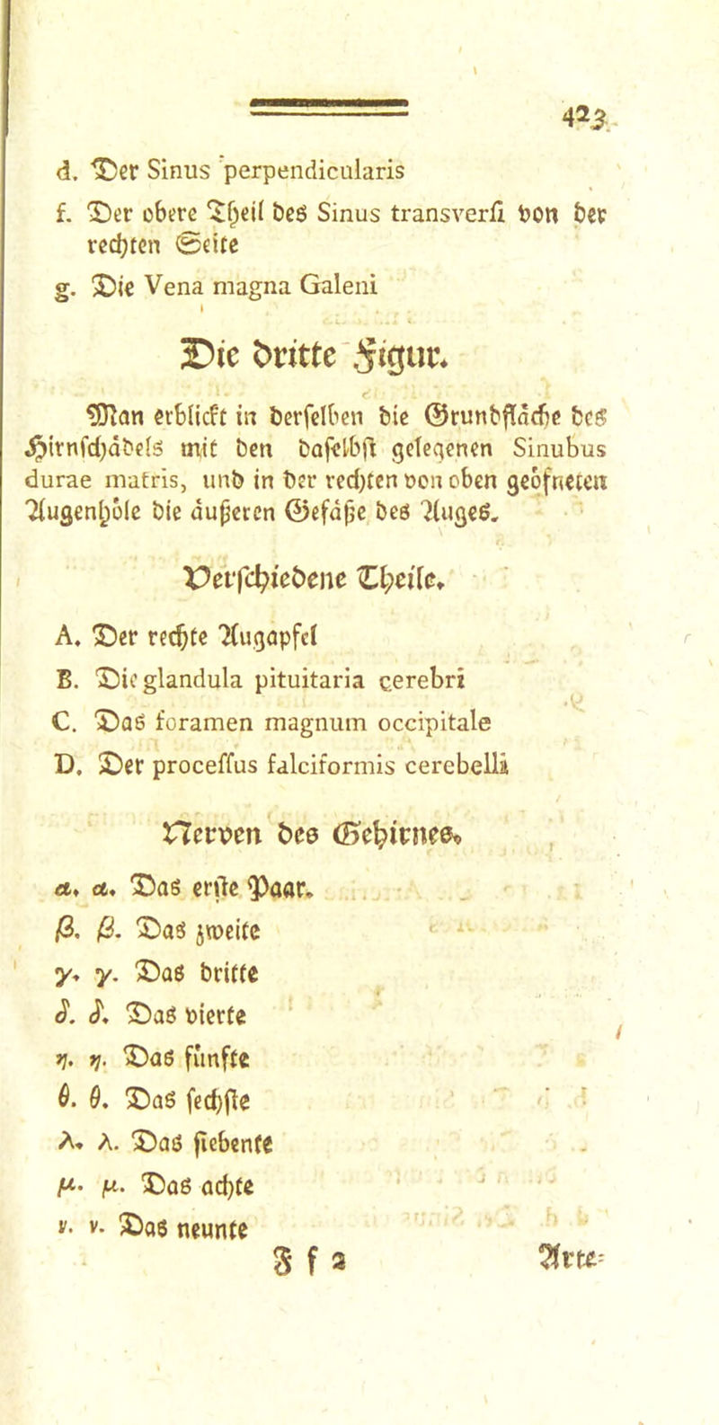 d. 'T)er Sinus perpendicularis f. Der obere beg Sinus transverfi bon jbev rccbfcn 0eifc g. !J)i€ Vena magna Galeni I 2?ie Onttc'^igur. ?0]an erblicft in berfdbcn bie ©runbftddic be$ ^irnfd)dbc(5 mit ben bafel-bjl; geteqenen Sinubus durae matris, iinb in ber red)tcn bon oben geofnetm Tiugeni^ole bie dupecen ©efd^c. bes ^(ugeg. r Vciid)ict:>cnc Zl)eikt A. S)er re^te 7(u,gapfd B. Dicglandula pituitaria cerebri C. foramen magnum occipitale D. £)er proceffus falciformis cerebella neppen^t>C0 , <*♦ ct, Ibag enfe^aar, • fi, /S. iTOcife y- y. Dag britfe J*. cJ'. Dag bierte jj. fj. Dag funfte 6. 9. Dag fed)flc “* '' • A* A. Dag fiebcnCC - |tt- Dag ad}te ‘ V. V. X)ag neunte 3 f 3 7lvu-
