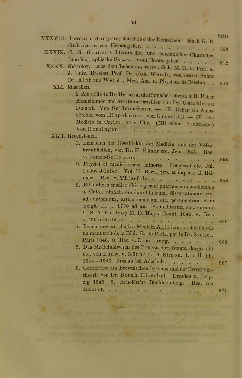 XXXVIII. Joachim Jungius, der Buco der Deutschen. Nach G. E. Guhrauer, vom Ilcrausgeher. . . XXXEX. C. G. Grliner’s litcrarischer und persdnlicher Character. Eine biographischc Skizze. Vom Ilerausgebcr. XXXX. Nckrolog. Aus dem Leben des vcrew. Geh. M. R. u. prof a d. Univ. Breslau Prof. Dr. Joh. Wendt, von dess’en Sohne Dr. Alphons Wendt, Med. Ass. u. Physicus in Breslau. XLI. Miscellen. I. AnecdotaBodleiana, die China betreffend, u. II. Ueber Arzneikunde undAerzte in Brasilien von Dr. Gumbleton . . Daunt. Von Seidenschnur. — III. Ueber ein Anec- dotchen vom Hippokrates, von Greenkill. — IV. Die Medicin in Ceylon 164 v. Chr. (Mit einem Nachtrage.) Von Heusinger XLII. Recensionen. 1. Lehrbuch dcr Geschichte der Medicin und der Volks- krankheiten, von Dr. H. Haser etc. Jena 1845. Rec. v. Romeo-S eligman 2. Physici et medici graeci minores. Congessit etc. Jul. Ludov Jdeler. Vol. II. Berol. typ. et impens. G. Rei- meri. Rec. v. Tliierfelder 3. Bibliotheca medico-chirurgica et pliarmaceutico-chemica s. Catal. alphab. omnium librorum, dissertationum etc. ad anatomiam, artem medicam etc. pertinentium et in Belgio ab. a. 1790 ad an. 1840 editorum etc., curantc L. S. A. Holtrop M. D. Hagae Comit. 1846. 8. Rec. v. Tliierfelder 4. Poiime grec attribue au Medicin A g 1 a i a s, publie d’apre's un manuscrit dc la Bibl. R. de Paris, par leDr. Sichel. Paris 1846. 8. Rec. v. Landsberg. ...... 5. Das Medicinalwesen des Preussisclien Staats, dargestellt etc. von Ludw. v. Ronne u. H. Simon. I. u. II. Th. 1844—1846. Breslau bei Aderholz 6. Geschichte des Brownischcn Systems und derErregungs- theorie von Dr. Bernh. Hirschel. Dresden u. Leip- zig 1846. 8. Arnoldsche Buclihandlung. Rec. von Haeser Seite 823 812 843 856 858 860 862 867 871
