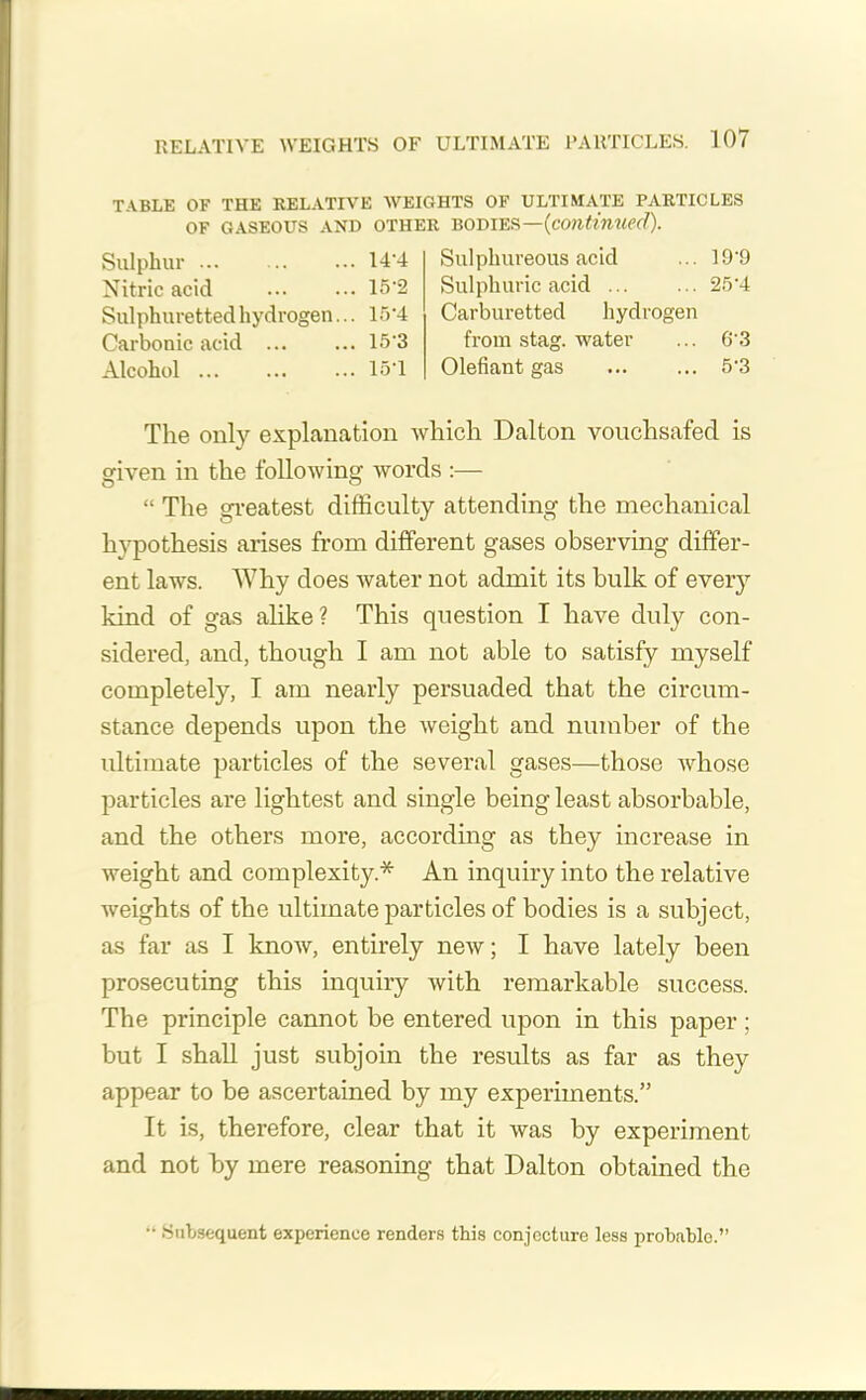 TABLE OF THE RELATIVE WEIGHTS OF ULTIMATE PARTICLES OF GASEOUS AND OTHER BODIES—{continued). Sulphur ... 14'4 Nitric acid 15'2 Sulphuretted hydrogen... 15‘4 Carbonic acid 15 '3 Alcohol 15T Sulphureous acid ... 19'9 Sulphuric acid 25'4 Carburetted hydrogen from stag, water ... G'3 Olefiant gas 5'3 The only explanation which Dalton vouchsafed is given in the following words :— “ The greatest difficulty attending the mechanical hypothesis arises from different gases observing differ- ent laws. Why does water not admit its bulk of every kind of gas alike? This question I have duly con- sidered, and, though I am not able to satisfy myself completely, I am nearly persuaded that the circum- stance depends upon the weight and number of the ultimate particles of the several gases—those whose particles are lightest and single being least absorbable, and the others more, according as they increase in weight and complexity * An inquiry into the relative weights of the ultimate particles of bodies is a subject, as far as I know, entirely new; I have lately been prosecuting this inquiry with remarkable success. The principle cannot be entered upon in this paper ; but I shall just subjoin the results as far as they appear to be ascertained by my experiments.” It is, therefore, clear that it was by experiment and not by mere reasoning that Dalton obtained the “ .Subsequent experience renders this conjecture less probable.”