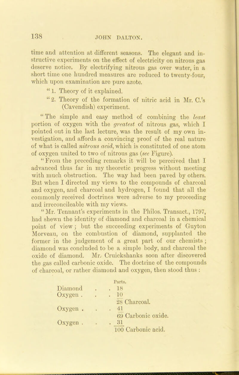 13S time and attention at different seasons. The elegant and in- structive experiments on the effect of electricity on nitrous gas deserve notice. By electrifying nitrous gas over water, in a short time one hundred measures are reduced to twenty-four, which upon examination are pure azote. “ 1. Theory of it explained. “ 2. Theory of the formation of nitric acid in Mr. C.’s (Cavendish) experiment. “ The simple and easy method of combining the least portion of oxygen with the greatest of nitrous gas, which I pointed out iu the last lecture, was the result of my own in- vestigation, and affords a convincing proof of the real nature of what is called nitrous acid, which is constituted of one atom of oxygen united to two of nitrous gas (see Figure). “From the preceding remarks it will be perceived that I advanced thus far in my theoretic progress without meeting with much obstruction. The way had been paved by others. But when I directed my views to the compounds of charcoal and oxygen, and charcoal and hydrogen, I found that all the commonly received doctrines were adverse to my proceeding and irreconcileable with my views. “ Mr. Tennant’s experiments in the Philos. Transact., 1797, had shewn the identity of diamond and charcoal in a chemical point of view ; but the succeeding experiments of Guyton Morveau, on the combustion of diamond, supplanted the former in the judgement of a great part of our chemists ; diamond was concluded to be a simple body, and charcoal the oxide of diamond. Mr. Cruickslianks soon after discovered the gas called carbonic oxide. The doctrine of the compounds of charcoal, or rather diamond and oxygen, then stood thus : Parts. Diamond . .18 Oxygen . . . H) 28 Charcoal. • 41 69 Carbonic oxide. . jn 100 Carbonic acid. Oxygen . Oxygen .