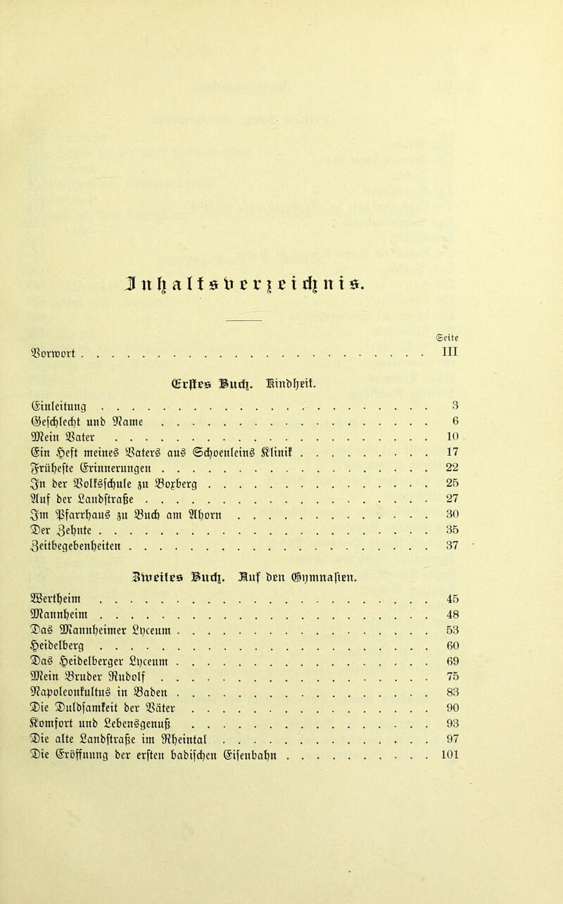 ©eite 3Soriüort III CßrJlBts linbljEit. ©inlettung 3 ©efd^Iecfjt unb Sporne 6 üKein SSater 10 @tn §eft meines ^SaterS auS ©d^oenletnS ^Itntf 17 ^rü^efte (Srtnnermigen 22 ber S3oItSfd^ule su ®oyberg 25 Sluf ber Saubfira^e 27 3m ißfarr^auS ju S3ud) am Sl^orn 30 ®er 3e^nte 35 3eitbegebent)eiten 37 3UtcitB0 Butli. 3luf ben ®i)mnaftBn. SBert^eim 45 Sliannbetm 48 ®a§ SKannbetmer 2b«um 53 §etbelberg 60 ®a§ §eibelberger Sl;ceum 69 9Uetn Sruber 9Jubolf 75 S'JaboIeonfuItuS in 93aben 83 ®ie ®nlbfamfeit ber 3Säter 90 Komfort unb £ebenSgenu§ 93 ®ie alte Sanbftrabe im $Rbeintal 97 ®ie ©röffnung ber erften babifd)en ©ifenbabn 101