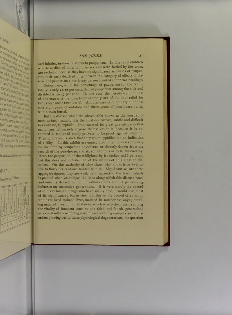 <s KS se,.. lScV ,t,f , ’ 'S4isran ■,'uc18 '•ikdiij, <ll*>>iii ;^m!5r e ^onien marrying ia’t0 He” women, seekinc withdrawn from the is not an accident is the X blood shows the e as ioo women are t m, yq. THE JUKES. 31 and injuries, in their relations to pauperism. In this table children who have died of inherited diseases and were buried by the town, are excluded because they have no significance as causes of pauper- ism, their early death placing them in the category of effects of dis- ease and pauperism ; nor is any person counted under two headings. Notice here, while the percentage of pauperism for the whole family is only 22.22 per cent, that of pauperism among the sick and disabled is 56.47 per cent. In one case, the hereditary blindness of one man cost the town twenty-three years of out-door relief for two people and a town burial. Another case of hereditary blindness cost eight years of out-door and three years of poor-house relief, with a town burial. But the disease which the above table shows as the most com- mon, as incontestably it is the most destructive, subtle and difficult to eradicate, is syphilis. One cause of its great prevalence is that many men deliberately expose themselves to it, because it is ac- counted a matter of manly prowess to be proof against infection. Their ignorance is such that they count syphilization as indicative of virility. In this exhibit are enumerated only the cases properly vouched for by competent physicians or directly drawn from the records of the poor-house, and six so notorious as to be trustworthy. Here, the proportion of those blighted by it reaches 10.86 per cent, but this does not include half of the victims of this class of dis- orders. On the authority of physicians who know, from twenty- five to thirty per cent are tainted with it. Significant as are these aggregate figures, they are weak as compared to the lesson which is pointed when we analyze the lines along which this disease runs, and note its devastation of individual careers and its pauperizing influence on successive generations. If it were merely the record of so many human beings who have simply died, it would lose most of its significance ; but in view that this is the record of so many who have lived maimed lives, maimed in numberless ways ; entail- ing maimed lives full of weakness, which is wretchedness; sapping the vitality of innocent ones to the third and fourth generations in a constantly broadening stream, and breeding complex social dis- orders growing out of these physiological degenerations, the question