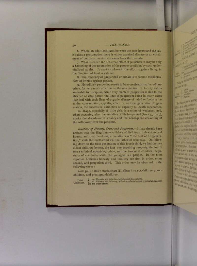 5° 6. Where an adult oscillates between the poor-house and the jail, it raises a presumption there is either acquired disease or an entail- ment of bodily or mental weakness from the parents. 7. What is called the deterrent effect of punishment maybe only a hastening of the assumption of the pauper condition by such under- vitalized adults. It marks a phase in the effort to gain a living in the direction of least resistance. 8. The tendency of pauperized criminals is to commit misdemea- nors or crimes against person. 9. Hereditary pauperism seems to be more fixed than hereditary crime, for very much of crime is the misdirection of faculty and is amenable to discipline, while very much of pauperism is due to the absence of vital power, the lines of pauperism being in many cases identical with such lines of organic disease of mind or body as in- sanity, consumption, syphilis, which cause from generation to gen- eration, the successive extinction of capacity till death supervenes. 10. Rape, especially of little girls, is a crime of weakness, and, when occurring after the meridian of life has passed (from 35 to 45), marks the decadence of vitality and the consequent weakening of the will-power over the passions. Relations of Honesty, Crime and Pauper ism.—It has already been noticed that the illegitimate children of Bell were industrious and honest, and that the eldest, a mulatto, was “ the best of his genera- tion,” while the fourth child was the father of criminals. On follow- ing down to the next generation of this fourth child, we find the two eldest children honest, the first one acquiring property, the fourth one a criminal contriving crime, and the two next children the pa- rents of criminals, while the youngest is a pauper. In the most vigorous branches honesty and industry are first in order, crime second, and pauperism third. This order may be observed in the following cases : Case 1 o. In Bell’s stock, chart III. (lines 1 to 15), children, grand- children, and great-grandchildren. . ( lst' Honesty and industry, with honest descendants. 1 turd I 2tj Honesty' and industry, with descendants honest, criminal and pauper, Generation. | j,, the order aimed.