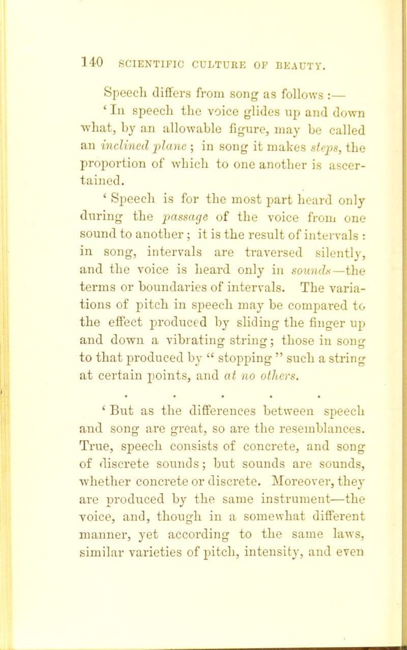 Speech differs from song as follows :— ' 111 speech the voice glides up and down ■what, by an allowable figure, may be called an inclined 'plane ; in song it makes steps, the proportion of which to one another is ascer- tained. ' Speech is for the most part heard only during the passacje. of the voice froni one sound to another ; it is the result of intervals : in song, intervals are traversed silently, and the voice is heard only in sounds—t\\(i terms or boundaries of intervals. The varia- tions of pitch in speech may be compared to the effect j)roduced by sliding the finger up and down a vibrating string; those in song to that produced by  stopping  such a string at certain points, and at no others. • • • • • ' But as the differences between speech and song are great, so are the resemblances. True, speech consists of concrete, and song of discrete sounds; but sounds are sounds, whether concrete or discrete. Moreover, they are produced by the same instrument—the voice, and, though in a somewhat different manner, yet according to the same laws, similar varieties of pitch, intensity, and even