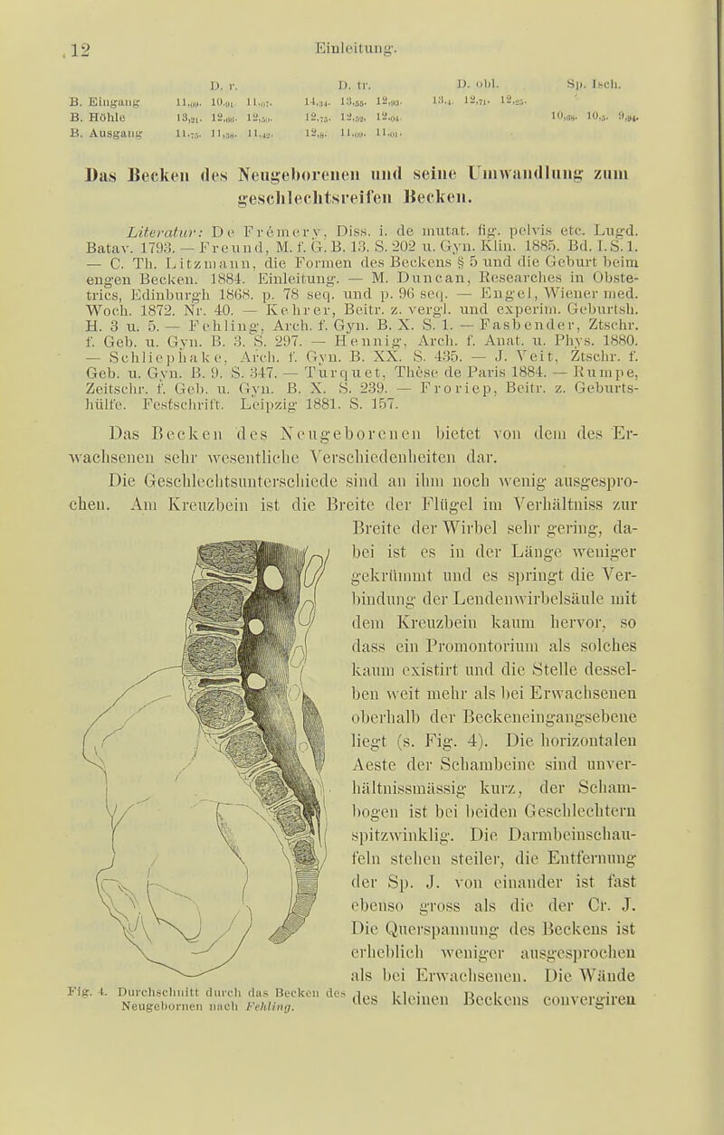 B. Eingang B. Höhle B. Ausgang Ll,0i 13,ai 1 1.7 D. r. I0.0l ll,OT IS,*,. lL'„-„,. 11,3«. 11. D. tr. U,S4. 18,5». 12,9J. 12,;5. 12,53, 12.M. 12,S. 1 ■»'■ II. (.1)1. 18,i 12,71. 12,; Sp. Iseil. KW 10,5. 9,. Das Becken des Neugeborenen und seine Umwandlung zum geschlechtsreifen Hecken. Literatur: De Fr&merv, Diss. i. de mutat. fig. pelvis etc. Lugd. Batav. 1793. - Freund, M. f. G. B. 13. S. 202 u. Gyn. Klin. 1885. Bd. LS. 1. — C. Tb. Litzmann, die. Formen des Beckens § 5 und die Geburt beim engen Becken. 1884. Einleitung. — M. Duncan, Researehes in Obstef- tries, Edinburgh 1868. p. 78 seq. und p. 96 seq. — Engel, Wiener med. Woch. 1872. Nr. 40. — Kehr er, Beitr. z. vergl. und experim. Geburtsb. H. 3 u. 5. — Fehling, Arch. 1'. Gyn. B. X. S. 1. — Fasbender, Ztschr. f. Geb. u. Gyn. B. 3. S. 297. — He.nnig, Arch. f. Anat. u. Phvs. 1880. — Sehliephake, Arch. 1. Ovn. B. XX. S. 435. — J. Veit, Ztschr. f. Geb. u. Gvn. Ii. 9. S. >!47. — Turquet, These de Paris 1884. — Rumpe, Zeilschi-, f. Geb. u. Gyn. B. X. S. 239. — Froriep, Beitr. z. Geburts- hülfe. Festschrift. Leipzig 1881. S. 157. dem des Er- Das Beeken des Neugeborenen bietet von wachsenen sehr wesentliche Verschiedenheiten dar. Die Geschlechtsunterscliiede sind an ihm noch wenig ausgespro- chen. Am Kreuzbein ist die Breite der Flügel im Verhältniss zur Breite der Wirbel sehr gering, da- bei ist es in der Länge weniger gekrümmt und es springt die Ver- bindung der Lendenwirbelsäule mit dem Kreuzbein kaum hervor, so dass ein Promontorium als solches kaum existirt und die Stelle dessel- ben weit mehr als bei Erwachsenen oberhalb der Beckeneingangsebene liegt (s. Fig. 4). Die horizontalen Aeste der Schambeine sind unvei- hältnissuiässig kurz, der Scham- bogen ist bei beiden Geschlechtern spitzwinklig. Die, Darmbeinscliau- feln stehen steiler, die Entfernung der Sp. J. von einander ist fast ebenso gross als die der Cr. J. Die Querspannung des Beckens ist erheblich weniger ausgesprochen als bei Erwachsenen. Die Wände Flg. i. Durchschnitt durcli das Becken des i kleinen Berkens rmivprs-iren Neugebornen nach Fehling. ueb Kl,lllul UCCktlls inmugnui