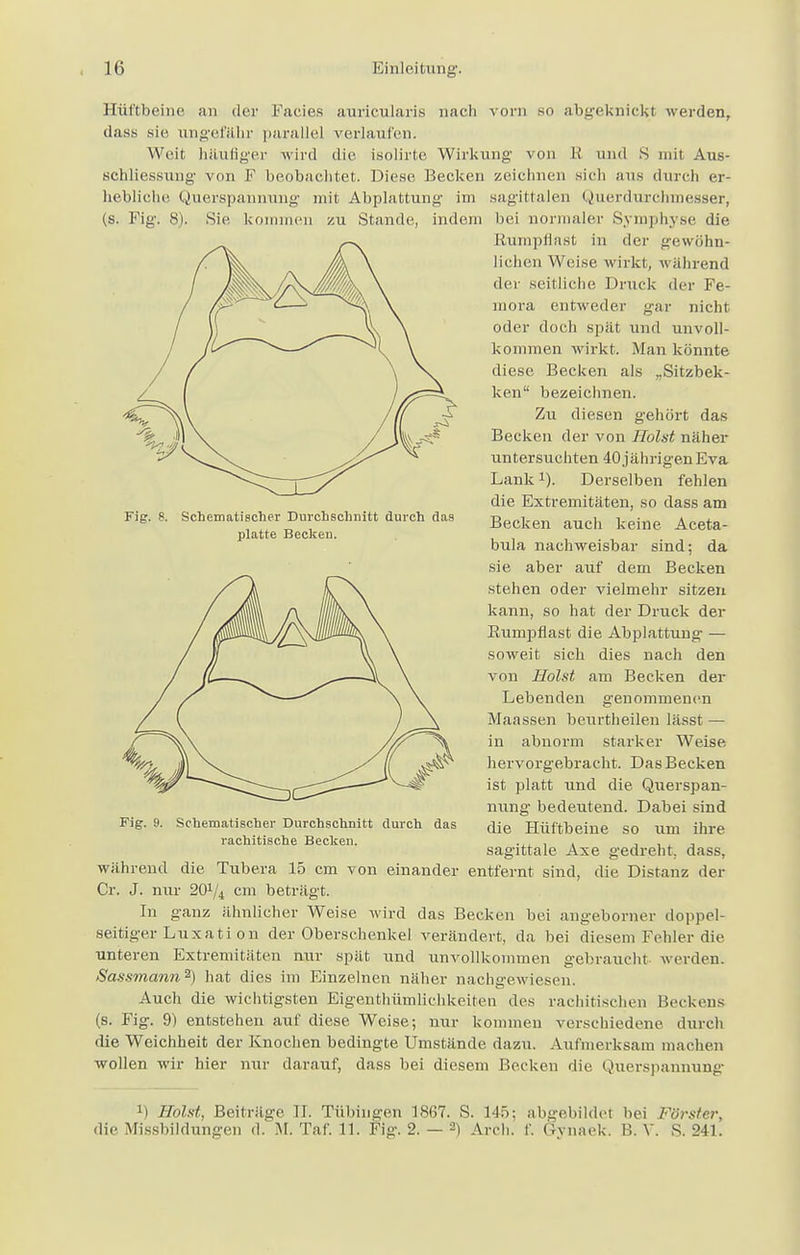 Hüftbeine an der Facies auricularis nach vorn so abgeknickt werden, dass sie ungefähr parallel verlaufen. Weit häufiger wird die isolirte Wirkung von B und S mit Aus- schliessung von F beobachtet. Diese Becken zeichnen sieh ans durch er- hebliche Querspannung mit Abplattung im sagittalen Querduichmesser, (s. Fig. 8). Sie kommen zu Stande, indem bei normaler Symphyse die Rumpnast in der gewöhn- lichen Weise wirkt, während der seitliche Druck der Fe- mora entweder gar nicht oder doch spät und unvoll- kommen wirkt. Man könnte diese Becken als „Sitzbek- ken bezeichnen. Zu diesen gehört das Becken der von Holst näher untersuchten 40jährigenEva Lankx). Derselben fehlen die Extremitäten, so dass am Becken auch keine Aceta- bula nachweisbar sind; da sie aber auf dem Becken stehen oder vielmehr sitzen kann, so hat der Druck der Rumpnast die Abplattung — soweit sich dies nach den von Holst am Becken der Lebenden genommenen Maassen beurtheilen lässt — in abnorm starker Weise hervorgebracht. Das Becken ist platt und die Querspan- nung bedeutend. Dabei sind die Hüftbeine so um ihre sagittale Axe gedreht, dass, entfernt sind, die Distanz der Fig. 8. Schematischer Durchschnitt durch das platte Becken. Fig. 9. Schematischer Durchschnitt durch rachitische Becken. das während die Tubera 15 cm von einander Cr. J. nur 20x/4 cm beträgt. In ganz ähnlicher Weise wird das Becken bei angeborner doppel- seitiger Luxati on der Oberschenkel verändert, da bei diesem Fehler die unteren Extremitäten nur spät und unvollkommen gebraucht werden. Sassmann2) hat dies im Einzelnen näher nachgewiesen. Auch die wichtigsten Eigenthümlichkeilen des rachitischen Beckens (s. Fig. 9) entstehen auf diese Weise; nur kommen verschiedene durch die Weichheit der Knochen bedingte Umstände dazu. Aufmerksam machen wollen wir hier nur darauf, dass bei diesem Becken die Querspannung' l) Holst, Beiträge IL Tübingen 1S67. S. 145; abgebildet bei Förster, die Missbildungen d, AI. Taf. 11. Fig. 2. — 2i Arch. f. Gynaek. B. V. S. 241.