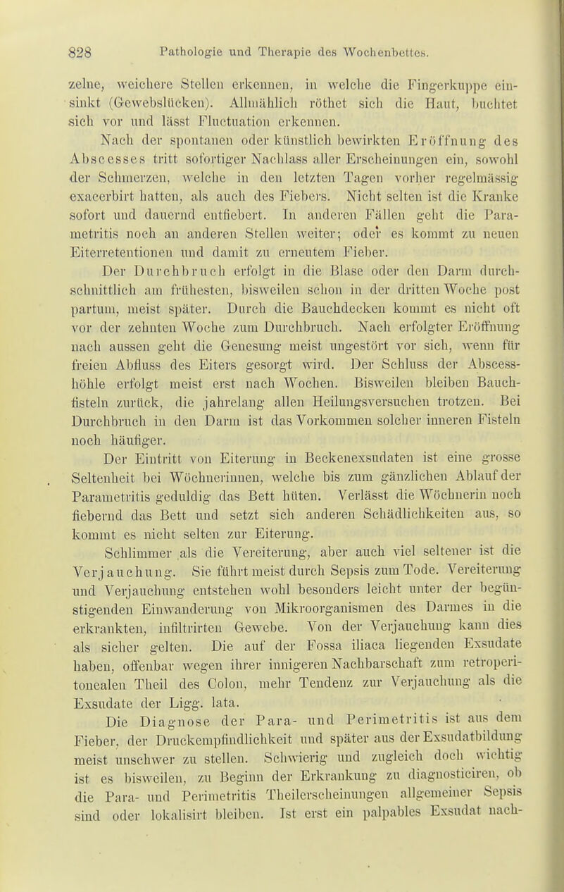 zelne, weichere Stellen erkennen, in welche die Fingerkuppe ein- sinkt (Gewebslüöken); Allmählich röthet sich die Haut, buchtet sich vor und lässt Fluctuation erkennen. Nach der spontanen oder künstlich bewirkten Eröffnung des Abscesses tritt sofortiger Nachlass aller Erscheinungen ein, sowohl der Schmerzen, welche in den letzten Tagen vorher regelmässig exaeerbirt hatten, als auch des Fiebers. Nicht selten ist die Kranke sofort und dauernd entfiebert. In anderen Fallen geht die Para- metritis noch an anderen Stellen weiter; oder es kommt zu neuen Eiterretentionen und damit zu erneutem Fieber. Der Durchbruch erfolgt in die Blase oder den Darm durch- schnittlich am frühesten, bisweilen schon in der dritten Woche post partum, meist später. Durch die Bauchdecken kommt es nicht oft vor der zehnten Woche zum Durchbruch. Nach erfolgter Eröffnung nach aussen geht die Genesung meist ungestört vor sich, wenn für freien Abfluss des Eiters gesorgt wird. Der Schluss der Abscess- höhle erfolgt meist erst nach Wochen. Bisweilen bleiben Bauch- fisteln zurück, die jahrelang allen Heilungsversuchen trotzen. Bei Durchbruch in den Darm ist das Vorkommen solcher inneren Fisteln noch häutiger. Der Eintritt von Eiterung in Beckenexsudaten ist eine grosse Seltenheit bei Wöchnerinnen, welche bis zum gänzlichen Ablauf der Parametritis geduldig das Bett hüten. Verlässt die Wöchnerin noch fiebernd das Bett und setzt sich anderen Schädlichkeiten aus, so kommt es nicht selten zur Eiterung. Schlimmer als die Vereiterung, aber auch viel seltener ist die Ve r j a u c h u n g. Sie führt meist durch Sepsis zum Tode. Vereiterung und Verjauchung entstehen wohl besonders leicht unter der begün- stigenden Einwanderung von Mikroorganismen des Darmes in die erkrankten, infiltrirten Gewebe. Von der Verjauchung kann dies als sicher gelten. Die auf der Fossa iliaca liegenden Exsudate haben, offenbar wegen ihrer innigeren Nachbarschaft zum retroperi- tonealen Theil des Colon, mehr Tendenz zur Verjauchung als die Exsudate der Ligg. lata. Die Diagnose der Para- und Perimetritis ist aus dem Fieber, der Druckempfindlichkeit und später aus der Exsudatbildung meist unschwer zu stellen. Schwierig und zugleich doch wichtig ist es bisweilen, zu Beginn der Erkrankung zu diagnosticiren, ob die Para- und Perimetritis Theilerscheinungen allgemeiner Sepsis sind oder lokalisirt bleiben. Ist erst ein palpables Exsudat nach-