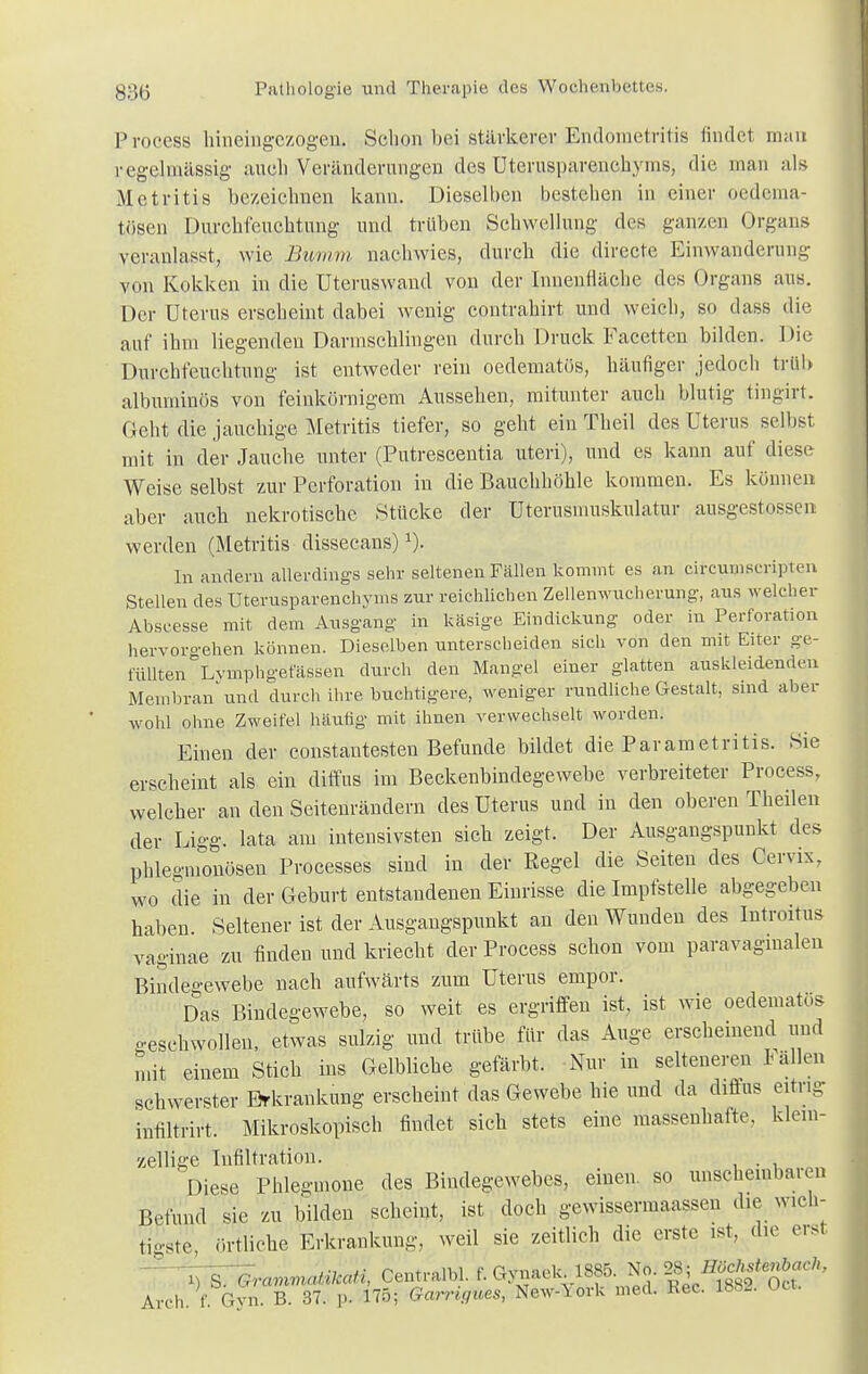 Process hineingezogen. Schon hei stärkerer Endometritis findel mau regelmässig auch Veränderungen des üterusparenehyms, die man als Metritis bezeichnen kann. Dieselben bestehen in einer oedema- tösen Durchfeuchtung und trüben Schwellung des ganzen Organs veranlasst, wie Bamm nachwies, durch die directe Einwanderung von Kokken in die Uteruswand von der Innenfläche des Organs aus. Der Uterus erscheint dabei wenig contrahirt, und weich, so dass die auf ihm liegenden Darmschlingen durch Druck Facetten bilden. Die Durchfeuchtung ist entweder rein oedematös, häufiger jedoch trüb albuminös von feinkörnigem Aussehen, mitunter auch blutig tingirt. Geht die jauchige Metritis tiefer, so geht ein Theil des Uterus selbst mit in der Jauche unter (Putrescentia uteri), und es kann auf diese Weise selbst zur Perforation in die Bauchhöhle kommen. Es können aber auch nekrotische Stücke der Uterusmuskulatur ausgeflossen werden (Metritis dissecans)x). In andern allerdings sehr seltenen Fällen kommt es an circumscripten Stellen des Üterusparenehyms zur reichlichen Zellenwucherung, aus welcher Abscesse mit dem Ausgang in käsige Eindickung oder in Perforation hervorgehen können. Dieselben unterscheiden sich von den mit Eiter ge- füllten °Lvmphgefässen durch den Mangel einer glatten auskleidenden Membran'und durch ihre buchtigere, weniger rundliche Gestalt, sind aber wohl ohne Zweifel häutig mit ihnen verwechselt worden. Einen der constantesten Befunde bildet die Parametritis. Sie erscheint als ein diffus im Beckenbindegewebe verbreiteter Process, welcher an den Seitenrändern des Uterus und in den oberen Theilen der Ligg. lata am intensivsten sich zeigt. Der Ausgangspunkt des phlegmonösen Processes sind in der Regel die Seiten des Cervix. wo die in der Geburt entstandenen Einrisse die Impfstelle abgegeben haben Seltener ist der Ausgangspunkt an den Wunden des Introitus vaginae zu finden und kriecht der Process schon vom paravaginalen Bindegewebe nach aufwärts zum Uterus empor. Das Bindegewebe, so weit es ergriffen ist, ist wie oedematös geschwollen, etwas sulzig und trübe für das Auge erscheinend und mit einem Stich ins Gelbliche gefärbt. Nur in selteneren lallen schwerster Erkrankung erscheint das Gewebe hie und da diflus eitrig intiltrirt. Mikroskopisch findet sich stets eine massenhafte, klein- zellige Infiltration. . Diese Phlegmone des Bindegewebes, einen, so unscheinbaren Befund sie zu bilden scheint, ist doch gewissermaassen die, wich- tigste, örtliche Erkrankung, weil sie zeitlich die erste ist, die erst 4 S^rammatikati, Central«, f. Gynaek 18S5. No. JMJ***** Arch. f. Gyn. B. 37. p. 175; Garrujues, New-\ ork med. Lee. 1B82. Ott.
