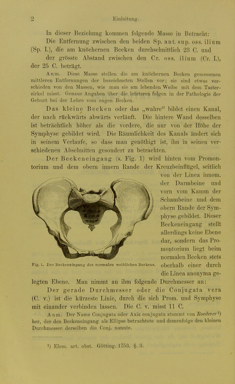 In dieser Bezieliiiiig kommen folgende Masse in Betraclit: Die Entfernnng zwischen den beiden Sp. ant, suj). oss. ilium (Sp. L), die am knediernen Becken durchschnittlich 23 C. und der grosate Abstand zwischen den Cr. oss. ilium (Cr. I.), der 25 C. betragt. Anm. Diese Maase stellen die am knochernen Becken geinessenen mittleren Entfernungen der bezeichneten Stellen vor; sie sind etwas ver- scliieden von den Massen, wie man sie am lebenden Weibe mit dem Taster- zirkel niisst. Genaue Angaben iiber die letzteren folgen in der Pathologie der Geburt bei der Lehre vom engen Becken. Das kleine Becken oder das „wahre bildet einen Kanal, der nach rllckwarts abwarts verlauft. Die hintere Wand desselben ist betrachtlicb hoher als die vordere, die nur von der Hohe der Symphyse gebildet wird. Die Raumlicbkeit des Kanals andert sich in seinem Verlaufe, so dass man gen(5tbigt ist, ihn in seinen ver- schiedenen Abschuitten gesondert zu betracbteu. Der Beckeneingang (s. Fig. 1) wird hiuten vom Promon- torium und dem obern innern Rande der Kreuzbeinfliigel, seitHcb legten Ebene. Man nimmt an ihm folgende Durcbmesser an: Der gerade Durcbmesser oder die Conjugata vera (C. V.) ist die kiirzeste Linie, durch die sich Prom, und Symphyse mit einander verbinden lassen. Die 0. v. misst 11 C. Anm. Der Name Conjugata oder Axis conjugata stammt von Boederer'^) her, der den Beckeneingang als Ellipse betrachtete und demzufolge den kleinen Durcbmesser derselben die Conj. nannte. Fig.]. Der Beckeneingang des normalen weiblichen Beekens. von der Linea innom. der Darmbeine und vorn vom Kamm der Schambeine und dem obern Rande der Sym- physe gebildet. Dieser Beckeneingang stellt allerdiugs keine Ebene dar, sondern das Pro- montorium liegt beim normalen Becken stets oberhalb einer durch die Linea anonyma ge- ij Elem. art. obst. Getting. 175,3. §. ,3.