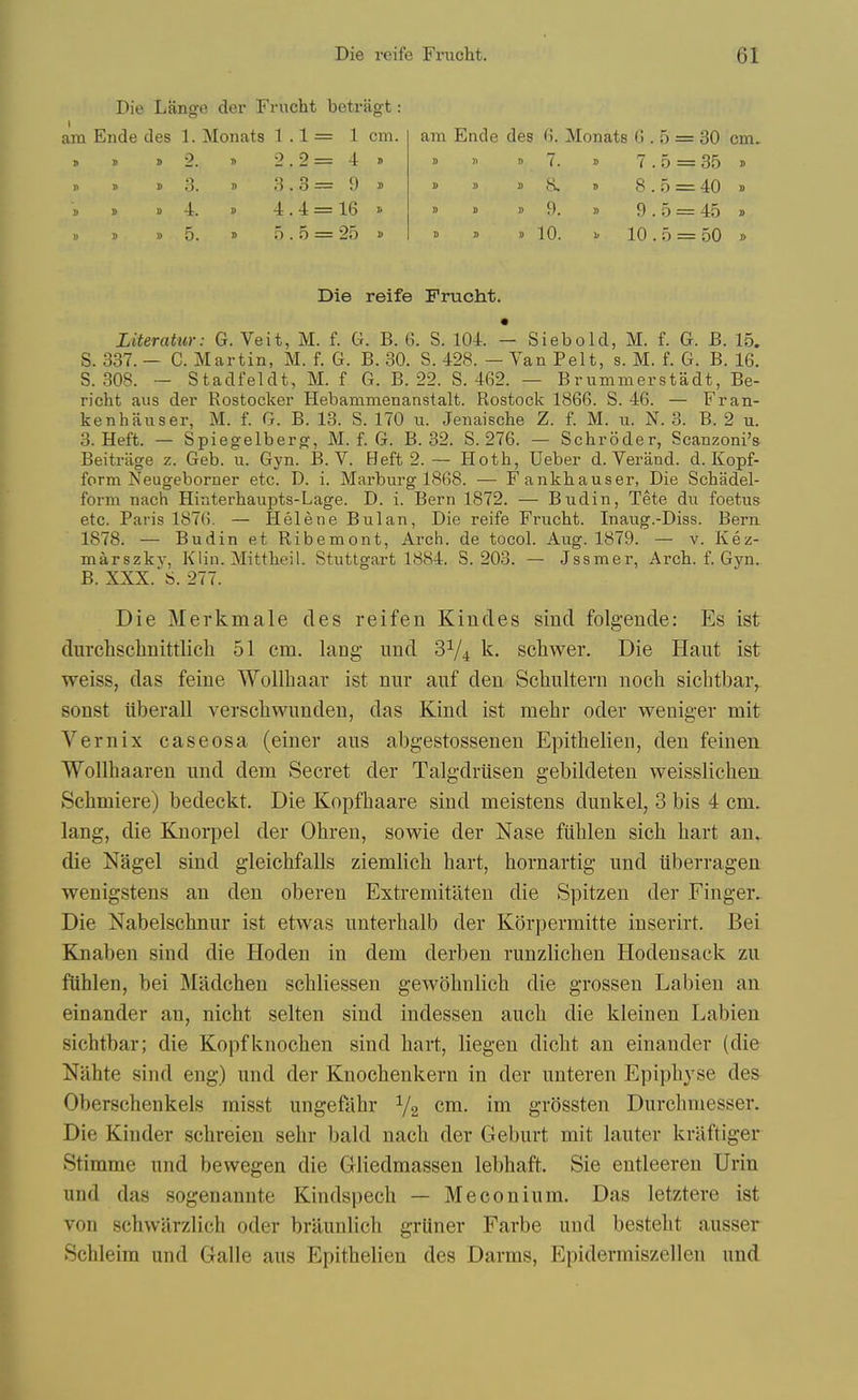 Die Lange der Frucht betragt: am Ende des 1. Monats 1 1 cm. > I 9 0. 9 2 2 = 4 9 n » 9 3. 9 n 3 = 9 9 !) B » 4. 9 4 4 = 16 9 1) 1) » 5. 9 5 ■25 9 am Ende des G. Monats G . 5 = 30 cm. » « » 7. 9 7.5 = 35 J » » » 8. 9 8.5 = 40 9 » 1 » 9. 9 9.5 = 45 9 » » 9 10. 9 10 . 5 = 50 9 Die reife Frucht. • Literatur: G. Veit, M. f. G. B. G. S. 104. - Siebold, M. f. G. B. 15. S. 337. — C. Martin, M. f. G. B. 30. S. 428. — Van Pelt, s. M. f. G. B. 16. S. 308. — Stadfeldt, M. f G. B. 22. S. 462. — Brummerstadt, Be- richt aus der Rostocker Hehammenanstalt. Rostock 1866. S. 46. — Fran- kenhauser, M. f. G. B. 13. S. 170 u. Jenaische Z. f. M. u. N. 3. B. 2 u. 3. Heft. — Spiegelberg, M. f. G. B. 32. S. 276. — Schroder, Scanzoni'a Beitrage z. Geb. u. Gyn. B. V. Heft 2. — Hoth, Ueber d. Verand. d. Kopf- form Neugeborner etc. D. i. Marburg 1868. — Fankhauser, Die Schadel- form nach Hinterhaupts-Lage. D. i. Bern 1872. — Budin, Tete du foetus etc. Paris 187G, — Helene Bulan, Die reife Frucht. Inaug.-Diss. Bern. 1878. — Budin et Ribemont, Arch, de tocol. Aug. 1879. — v. Kez- marszky, Kiin. Mittheil. Stuttgart 1884. S. 203. — Jssmer, Arch. f. Gyn. B. XXX. 8. 277. Die Merkmale des reifen Kindes sind folgende: Es ist durchschnittlicli 51 cm. lang und k. scliwer. Die Haut ist weiss, das feine Wollbaav ist niir auf den Schiiltern noch sicbtbar, sonst iiberall verscbwunden, das Kind ist mebr oder weniger mit Vernix caseosa (einer aus abgestossenen Epitbelien, den feinen Wollbaaren nnd dem Secret der Talgdriisen gebildeten weisslicben Scbmiere) bedeckt. Die Kopfbaare sind meistens dunkel, 3 bis 4 cm. lang, die Knorpel der Obren, sowie der Nase fiiblen sich hart an. die Nagel sind gleichfalls ziemlicb hart, hornartig und uberragen wenigstens an den oberen Extremitllten die Spitzen der Finger. Die Nabelschnur ist etwas unterhalb der Korperraitte inserirt. Bei Knaben sind die Hoden in dem derben runzlichen Hodensack zu fiihlen, bei Madchen schliessen gewohnlich die grossen Labien an einander an, nicht selten sind indessen auch die kleinen Labien sichtbar; die Kopfknochen sind hart, liegen dicht an einander (die Niihte sind eng) und der Knochenkern in der unteren Epiphyse des Oberschenkels misst ungefahr V2 cm. im grossten Durchniesser. Die Kinder schreien sehr bald nach der Geburt mit lauter kraftiger vStimme und bewegen die Gliedmassen lebhaft. Sie entleeren Urin und das sogenannte Kindspech — Meconium. Das letztere ist von schwarzlich oder braunlich grliner Farbe und besteht ausser Schleim und Galle aus Epithelien des Darms, Epidermiszellen und