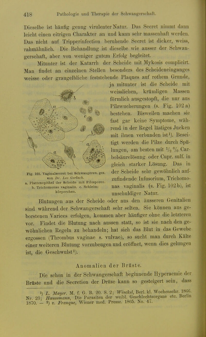 Dieselbe ist liaiifig geiiug virnlenter Natur. Das Secret niiiimt dann leiclit einen eitrigen Charakter an und kann selir massenhaft werden. Das nicht ant' Tripperinfection beriiliende Secret ist dicker, weiss, rahmahnlicli. Die Beliandlung ist dieselbe wie ausser der Bclnvan- gerschaft, aber von weniger gntcni Erl'olg begleitet. Mituuter ist der Katarrli der Sclieide mit Mykosis coniplicirt. Man findet an einzelnen Stellen besonders des Scheideneinganges weisse oder graugelbliclie feststeliende Plaques auf rothem Grunde, ja mitunter ist die Sclieide rait weissliclien, krUniligen Massen formlich ausgestopft, die nur aus Pilzwuclierungen (s. Fig. 102 a) bestelien. Bisweilen macben sie fast gar keine Symptome, wali- rend in der Kegel lastiges Juckeu mit ihnen verbunden ist^). Besei- tigt werden die Pilze durcli Spu- lungen, am besten mit i/o 7o t'ar- bolsaurelosung oder Cupr. sulf. in gleicb starker Losung. Das in der Scbeide selir gewblmlich auf- zufindende Infusorium, Tricbomo- nas vaginalis (s. Fig. 102 b), ist unscbuldiger Natur. Blutungen aus der Scbeide oder aus den ausseren Genitalien sind wabrend der Scbwaugerscbaft sebr selten. Sie konuen aus ge- borstenen Varices erfolgen, kommen aber haufiger obne die letzteren vor. Findet die Blutung nacb aussen statt, so ist sie nacb den ge- wobnlicben Regeln zu bebandeln; hat sich das Blut in das Gewebe ergossen (Thrombus vaginae s. vulvae), so sucht man durch Kalte einer weiteren Blutung vorzubeugen und eroffnet, wenu dies gelungen ist, die Geschwulst^). Fig. 102. Vaginalseoret bei ScUwaugeren. gez. von Dr. Leo Gerlach. a. Plattenepithel der Scbeide mit Pilxsporeu. b. Trichomonas vaginalis, c. Schleim- korperchen. Anomalien der Bruste. Die schon in der Schwangerschaft beginnende Hyperaemie der Brtiste und die Secretion der Druse kann so gesteigert seiu, dass 1) L Mayer. M. f. G. B. 20. S. 2; Winckd, Berl. kl. Wochenschr. ISHC Nr. 23; Haussmann, Die Parasiten der weibl. Geschlechtsorgane etc. Berlin 1370. — 2j ^. Franque, Wiener med. Presse. 18G5. No. 47.