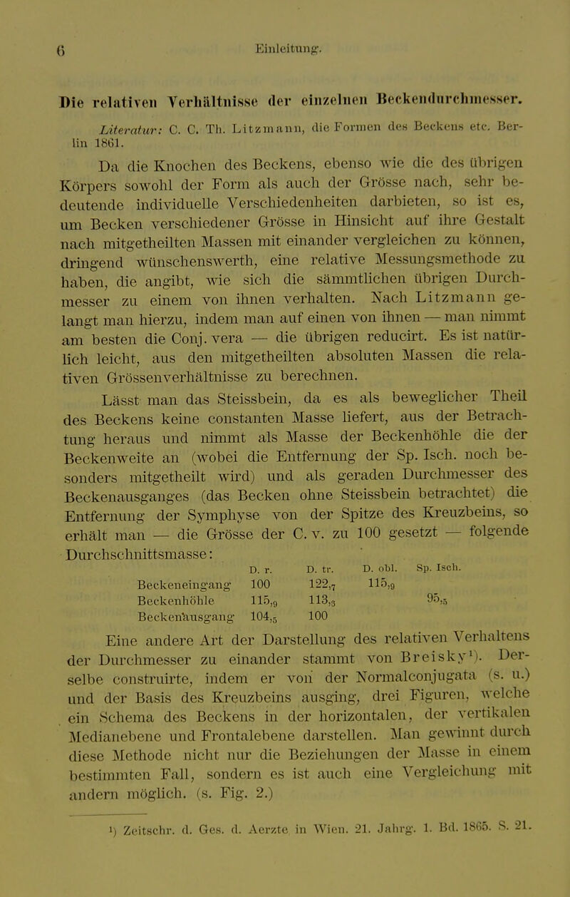 Die relativeii Verhiiltnisse der eiiizeliieii Beckendiirchinesser. Literatur: C. C. Th. Litzmann, die Formcni ck'8 Bec-kcn.s etc. Ber- lin 1861. Da die Knochen des Beckeiis, ebenso wie die des ubrigen Korpers sowohl der Form als aucli der Grosse nach, selir be- deiiteiide individuelle Verschiedenheiten darbieten, so ist es, um Becken verschiedener Grosse in Hinsicht auf ihre Gestalt nach mitgetheilten Massen mit einander vergieichen zu konnen, dringend wunschenswerth, eine relative Messungsmethode za haben, die angibt, wie sich die sammtliclien iibrigen Durch- messer zu einem von ilmen verhalten. Nacli Litzmann ge- langt man hierzu, indem man auf einen von ihnen — man nimmt am besten die Conj. vera — die ubrigen reducirt. Es ist natur- lich leicht, aus den mitgetheilten absoluten Massen die rela- tiven Grossenverhaltnisse zu berechnen. Lasst man das Steissbein, da es als bewegiicher Theil des Beckens keine constanten Masse liefert, aus der Betrach- tung heraus und nimmt als Masse der Beckenhohle die der Beckenweite an (wobei die Entfernung der Sp. Isch. noch be- sonders mitgetheilt wird) und als geraden Durchmesser des Beckenausganges (das Becken ohne Steissbein betrachtet) die Entfernung der Symphyse von der Spitze des Kreuzbeins, so erhalt man — die Grosse der C. v. zu 100 gesetzt — folgende Durchschnittsmasse: D. r. D. tr. D. ot»l. Sp. Isch. Beckeneing-ang 100 122,, 115,9 Beckenhohle 115,9 113,3 ^'^'S Beckentinsgang- 104,5 Eine andere Art der Darstellung des relativen Verhaltens der Durchmesser zu einander stammt von Breisky^). Der- selbe construirte, indem er von der Normalconjugata (s. u.) und der Basis des Kreuzbeins ausging, drei Figuron, Avelche ein Schema des Beckens in der horizontalen, der vertikalen Medianebene und Frontalebene darstellen. Man gewinnt durch diese :Methode nicht nur die Beziehungen der Masse in einem bestimmten Fall, sondern es ist auch eine Vergleichung mit andern moglich. (s. Fig. 2.) 1) Zeitschr. d. Ges. d. Aerzte in Wien. 21. Jahrg-. 1. Bd. 1865. S. 21.