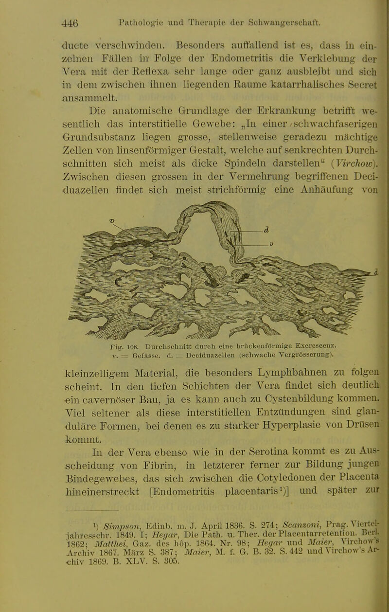 ducte verschwinden. Besonders auffallend ist es, dass in eiii- zelnen Fallen in Folge der Endometritis die Verkleljung der Vera mit der Reflexa sehr lang-e oder ganz ausbleibt und sich in dera zwischeii ihnen liegenden Raume katarrhalisches Secret iinsammclt. Die anatomische Grundlage der Erkrankung betrifft we- sentlich das interstitielle Gewebe: „In einer / scliwachfaserigen Grimdsubstanz liegen grosse, stellenweise geradezu maditige Zellen von linsenformiger Gestalt, welche auf senki'echten Durch- schnitten sich meist als dicke Spindeln darstellen (Virchow). Zwischen diesen grossen in der Vermehrung begriffenen Deci- duazellen findet sicli meist strichformig eine Anhaufung von Fig. 108. Durchschiiitt durch eine briickeiifOrmige Excresceiiz. V. = Gefasse. cl. =r Deciduazellen (schwache VergrOsserung). Meinzelligem Material, die besonders Lymphbahnen zu folgeu scheint. In den tiefen Scliichten der Vera findet sich deutlich •ein cavernoser Ban, ja es kann auch zu Cystenbildung kommen. Viel seltener als diese interstitiellen Entzundungen sind glau- dulare Formen, bei denen es zu starker Hyperplasie von Drusen kommt. In der Vera ebenso wie in der Serotina kommt es zu Aus- scheidung von Fibrin, in letzterer ferner zur Bildung jungen Bindegewebes, das sich zwischen die Cotyledonen der Placenta hineinerstreckt [Endometritis placentaris i)] und spater zur 1) Simpson, Edinb. m. J. April 1836. S. 274; Scanzoni, Prag. A lerte- iahres.schr. 1849. I; Hegar, Die Path. u. Ther. der Placentarretention. Berl. 1862: Matthei, Gaz. dc'.s hop. 1864. Nr. 98; Hegar luid Maier, \irchoAvs Archiv 1867. Marz S. 387; Maier, M. f. G. B. 32. S. 442 und Virchow's Ar- <5hiv 1869. B. XLV. S. 305.