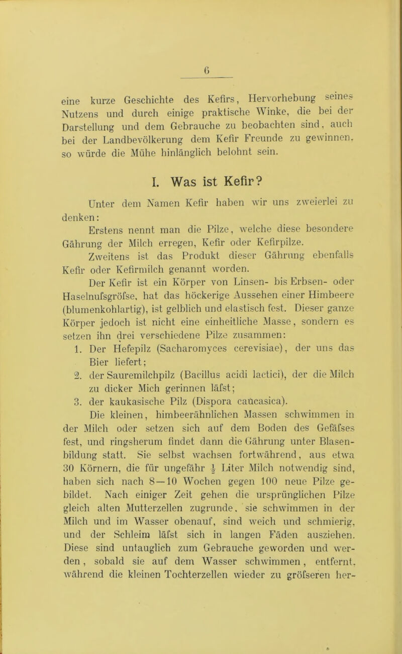 eine kurze Geschichte des Kefirs, Hervorhebung seines Nutzens und durch einige praktische Winke, die bei der Darstellung und dem Gebrauche zu beobachten sind, auch bei der Landbevölkerung dem Kefir Freunde zu gewinnen, so würde die Mühe hinlänglich belohnt sein. I. Was ist Kefir? Unter dem Namen Kefir haben wir uns zweierlei zu denken: Erstens nennt man die Pilze, welche diese besondere Gährung der Milch erregen, Kefir oder Kefirpilze. Zweitens ist das Produkt dieser Gährung ebenfalls Kefir oder Kefirmilch genannt wmrden. Der Kefir ist ein Körper von Linsen- bis Erbsen- oder Haselnufsgröfse, hat das höckerige Aussehen einer Himbeere (blumenkohlartig), ist gelblich und elastisch fest. Dieser ganze Körper jedoch ist nicht eine einheitliche Masse, sondern es setzen ihn drei verschiedene Pilze zusammen: 1. Der Hefepilz (Sacharomyces cerevisiae), der uns das Bier liefert; 2. der Sauremilchpilz (Bacillus acidi lactici), der die Milch zu dicker Mich gerinnen läfst; 3. der kaukasische Pilz (Dispora caücasica). Die kleinen, himbeerähnlichen Massen schwimmen in der Milch oder setzen sich auf dem Boden des Gefäfses fest, und ringsherum findet dann die Gährung unter Blasen- bildung statt. Sie selbst wachsen fortwährend, aus etwa 30 Körnern, die für ungefähr l Liter Milch notwendig sind, haben sich nach 8—10 Wochen gegen 100 neue Pilze ge- bildet. Nach einiger Zeit gehen die ursprünglichen Pilze gleich alten Mutterzellen zugrunde, sie schwimmen in der Milch und im Wasser obenauf, sind weich und schmierig, und der Schleim läfst sich in langen Fäden ausziehen. Diese sind untauglich zum Gebrauche geworden und wer- den , sobald sie auf dem Wasser schwämmen, entfernt, während die kleinen Tochterzellen wieder zu gröfseren her-