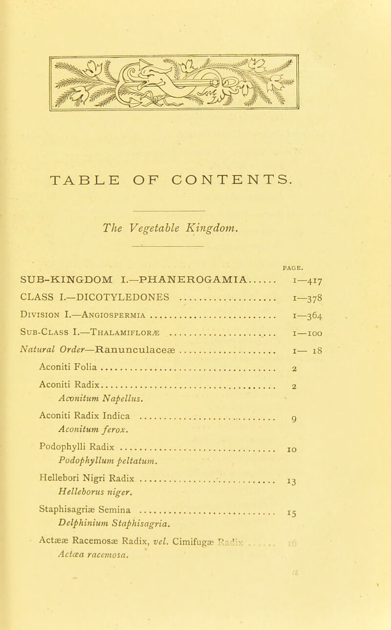 TABLE OF CONTENTS The Vegetable Kingdom. SUB-KINGDOM I.—PHANEROGAM!A CLASS I.—DICOTYLEDONES Division I.—Angiospermia Sub-Class I.—Thalamiflor^e Natural Order—Ranunculaceae Aconiti Folia Aconiti Radix Acvnitum Napellus. Aconiti Radix Indica Aconitum ferox. Podophylli Radix Podophyllum peltatum. Hellebori Nigri Radix • Helleborus niger. Staphisagrise Semina Delphinium Staphisagria. Actasa? Racemosa? Radix, vel. Cimifugs1 R ' Actcea raccmosa.