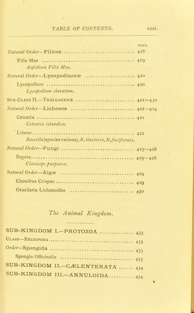 PAGE. Natural Order— Filices 4l8 Filix Mas 4T9 Aspidium Filix Mas. Natural Order—Lycopodiaceae 420 Lycopodium 420 Lycopodium clavatum. Sub-Class II.—Thallogen.<e 421—430 Natural Order—Lichenes 421—424 Cetraria 421 Cetraria islandica. Litmus 422 Roccclla(species various), R.tinctoria,R.fuciformis. Natural Order—Fungi 425—428 Ergota 425—428 Claviceps purpurea. Natural Order—Algse 429 Chondrus Crispus 429 Gracilaria Lichenoides 430 The Animal Kingdom. SUB-KINGDOM I.-PROTOZOA 433 Class—Rhizopoda 433 Order—Spongida 433 Spongia Officinalis .„ SUB-KINGDOM II.-C^LENTERATA 434 SUB-KINGDOM III.-ANNULOIDA 434