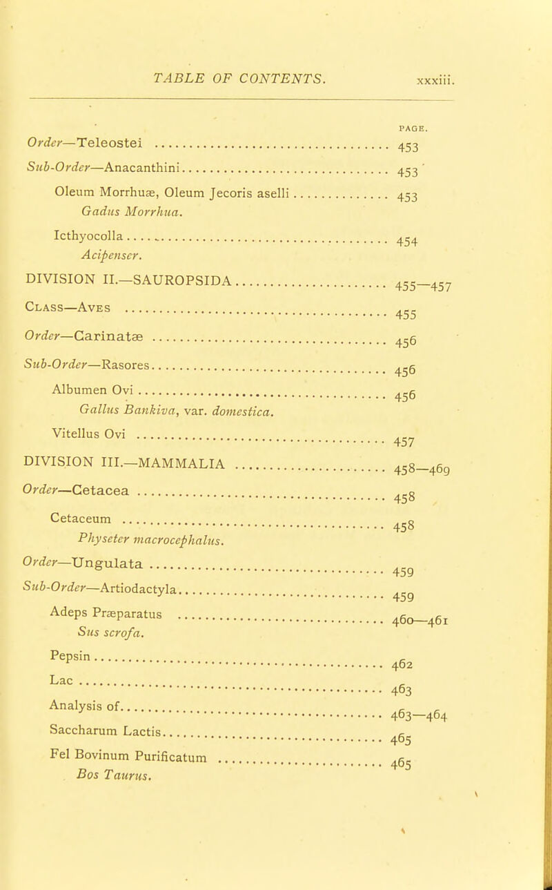 PAGE. Order—Teleostei 453 Sub-Order—Anacanthini 453' Oleum Morrhuas, Oleum Jecoris aselli 453 Gadus Morrhua. Icthyocolla .. 4^4 Acipenscr. DIVISION II.—SAUROPSIDA 455—457 Class—Aves .Pc 455 Order—Carinatae ^5 Sub-Order—Rasores Albumen Ovi Gallus Bankiva, var. domestica. Vitellus Ovi 457 DIVISION III.—MAMMALIA 458-469 Order—Cetacea Cetaceum , „0 45° Physeter macrocephalus. Order—Ungulata 459 Sub-Order—Artiodactyla Adeps Praparatus 460-461 Sus scrofa. Pepsin c r 462 Lac 463 Analysis of c 463—464 Saccharum Lactis <-„ 465 Fel Bovinum Purificatum 4g5 Bos Taurus.