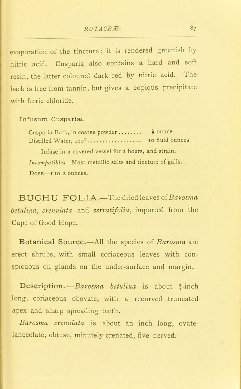 evaporation of the tincture ; it is rendered greenish by nitric acid. Cusparia also contains a hard and soft resin, the latter coloured dark red by nitric acid. The bark is free from tannin, but gives a copious precipitate with ferric chloride. Infusum Cuspariae. Cusparia Bark, in coarse powder i ounce Distilled Water, 1200 10 fluid ounces Infuse in a covered vessel for 2 hours, and strain. Incompatible!—Most metallic salts and tincture of galls. Dose—1 to 2 ounces. BUCHU FOLIA.—The dried leaves of Barosma betulina, crenulata and serratifolia, imported from the Cape of Good Hope. Botanical Source.—All the species of Barosma are erect shrubs, with small coriaceous leaves with con- spicuous oil glands on the under-surface and margin. Description.—Barosma betulina is about ^-inch long, coriaceous obovate, with a recurved truncated apex and sharp spreading teeth. Barosma crenulata is about an inch long, ovate- lanceolate, obtuse, minutely crenated, five nerved.
