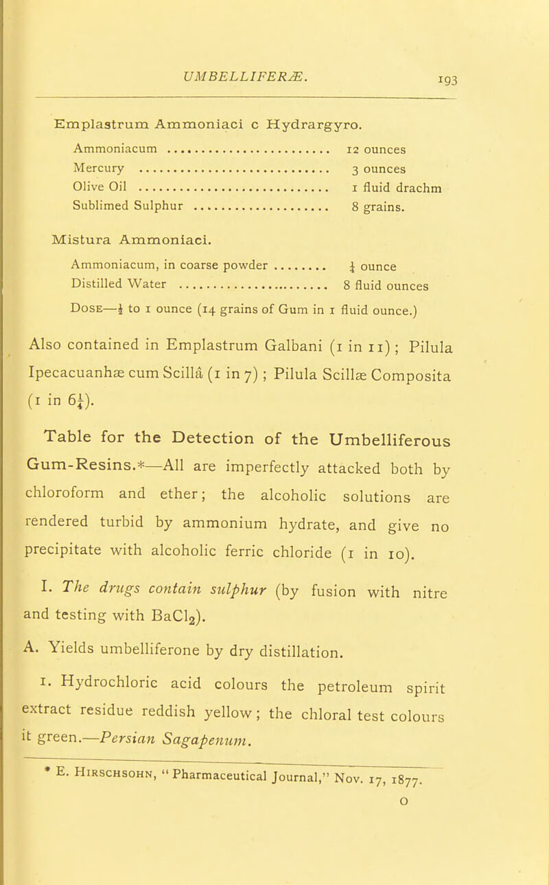 Emplastrum Ammoniaci c Hydrargyro. Ammoniacum 12 ounces Mercury 3 ounces Olive Oil 1 fluid drachm Sublimed Sulphur 8 grains. Mistura Ammoniaci. Ammoniacum, in coarse powder £ ounce Distilled Water 8 fluid ounces Dose—J to 1 ounce (14 grains of Gum in 1 fluid ounce.) Also contained in Emplastrum Galbani (1 in 11); Pilula Ipecacuanha: cum Scilla (1 in 7) ; Pilula Scillas Composita (1 in 6±). Table for the Detection of the Umbelliferous Gum-Resins.*—All are imperfectly attacked both by chloroform and ether; the alcoholic solutions are rendered turbid by ammonium hydrate, and give no precipitate with alcoholic ferric chloride (1 in 10). I. The drugs contain sulphur (by fusion with nitre and testing with BaCl2). A. Yields umbelliferone by dry distillation. 1. Hydrochloric acid colours the petroleum spirit extract residue reddish yellow; the chloral test colours it green.—Persian Sagapenum. * E. Hirschsohn,  Pharmaceutical Journal, Nov. 17 1877.