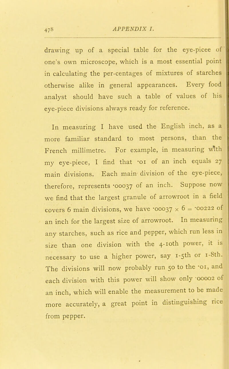 drawing up of a special table for the eye-picee of one's own microscope, which is a most essential point in calculating the per-centages of mixtures of starches otherwise alike in general appearances. Every food analyst should have such a table of values of his eye-piece divisions always ready for reference. In measuring I have used the English inch, as a more familiar standard to most persons, than the French millimetre. For example, in measuring with my eye-piece, I find that -oi of an inch equals 27 main divisions. Each main division of the eye-piece, therefore, represents -00037 of an inch. Suppose now we find that the largest granule of arrowroot in a field covers 6 main divisions, we have -00037 x 6 = -00222 of an inch for the largest size of arrowroot. In measuring any starches, such as rice and pepper, which run less in size than one division with the 4-ioth power, it is necessary to use a higher power, say i-5th or i-8th. The divisions will now probably run 50 to the -oi, and each division with this power will show only -00002 of an inch, which will enable the measurement to be made more accurately, a great point in distinguishing rice from pepper.