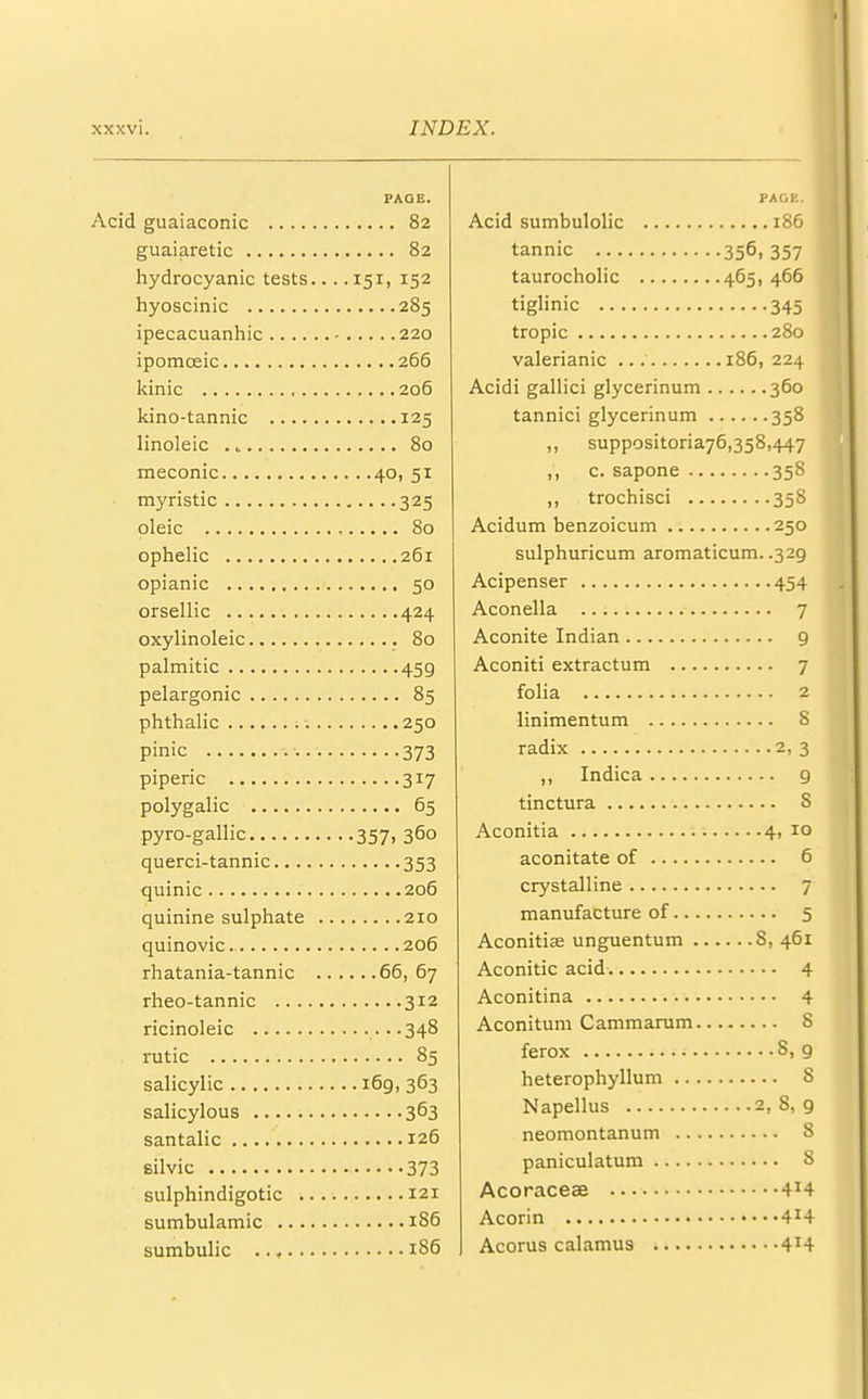 PAGE. Acid guaiaconic 82 guaiaretic 82 hydrocyanic tests.... 151, 152 hyoscinic 285 ipecacuanhic 220 ipomceic 266 kinic 206 kino-tannic 125 linoleic . L 80 meconic 40, 51 myristic 325 oleic , 80 ophelic 261 opianic 50 orsellic 424 oxylinoleic 80 palmitic 459 pelargonic 85 phthalic 250 pinic 373 piperic 317 polygalic 65 pyro-gallic 357, 360 querci-tannic 353 quinic 206 quinine sulphate 210 quinovic 206 rhatania-tannic 66, 67 rheo-tannic 312 ricinoleic ...348 rutic 85 salicylic 169, 363 salicylous 363 santalic 126 silvic 373 sulphindigotic 121 sumbulamic 186 sumbulic .., 186 PAGE. Acid sumbulolic 186 tannic 356, 357 taurocholic 465, 466 tiglinic 345 tropic 280 valerianic 186, 224 Acidi gallici glycerinum 360 tannici glycerinum 358 „ suppositoria76,358,447 ,, c. sapone 358 ,, trochisci 358 Acidum benzoicum 250 sulphuricum aromaticum. .329 Acipenser 454 Aconella 7 Aconite Indian 9 Aconiti extractum 7 folia 2 linimentum 8 radix 2, 3 ,, Indica 9 tinctura S Aconitia 4, 10 aconitate of 6 crystalline 7 manufacture of 5 Aconitiae unguentum S, 461 Aconitic acid 4 Aconitina 4 Aconitum Cammarum S ferox 8, 9 heterophyllum 8 Napellus 2, 8, 9 neomontanum S paniculatum S Acoraceae 4J4 Acorin 4*4 Acorus calamus 4H