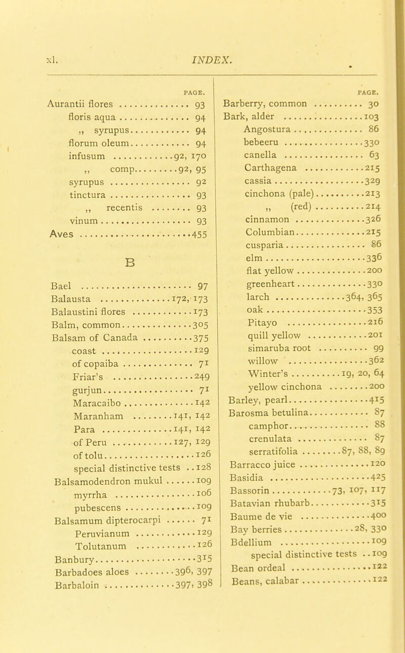 PAGE. Aurantii flores 93 floris aqua 94 „ syrupus 94 florum oleum 94 infusum 92, 170 comp 92, 95 syrupus 92 tinctura 93 ,, recentis 93 vinum 93 Aves 455 B Bael 97 Balausta 172, 173 Balaustini flores 173 Balm, common 305 Balsam of Canada 375 coast 129 of copaiba 71 Friar's 249 gurjun 71 Maracaibo 142 Maranham 141, 142 Para 141, *42 of Peru 127, i2g of tolu 126 special distinctive tests .. 128 Balsamodendron mukul 109 myrrha IC)6 pubescens I09 Balsamum dipterocarpi 71 Peruvianum I29 Tolutanum 126 Banbury 3*5 Barbadoes aloes 396> 397 Barbaloin 397. 39§ PAGE. Barberry, common 30 Bark, alder 103 Angostura 86 bebeeru 330 canella 63 Carthagena 215 cassia 329 cinchona (pale) 213 (red) 214 cinnamon 326 Columbian 215 cusparia 86 elm 336 flat yellow 200 greenheart 330 larch 364, 365 oak 353 Pitayo 216 quill yellow 201 simaruba root 99 willow 362 Winter's 19, 20, 64 yellow cinchona 200 Barley, pearl 4*5 Barosma betulina 87 camphor 88 crenulata 87 serratifolia 87, S8, Sg Barracco juice 120 Basidia 425 Bassorin 73. io7> 7 Batavian rhubarb 3X5 Baume de vie 4°° Bay berries 28, 330 Bdellium ™9 special distinctive tests .. iog Bean ordeal 122 Beans, calabar 122