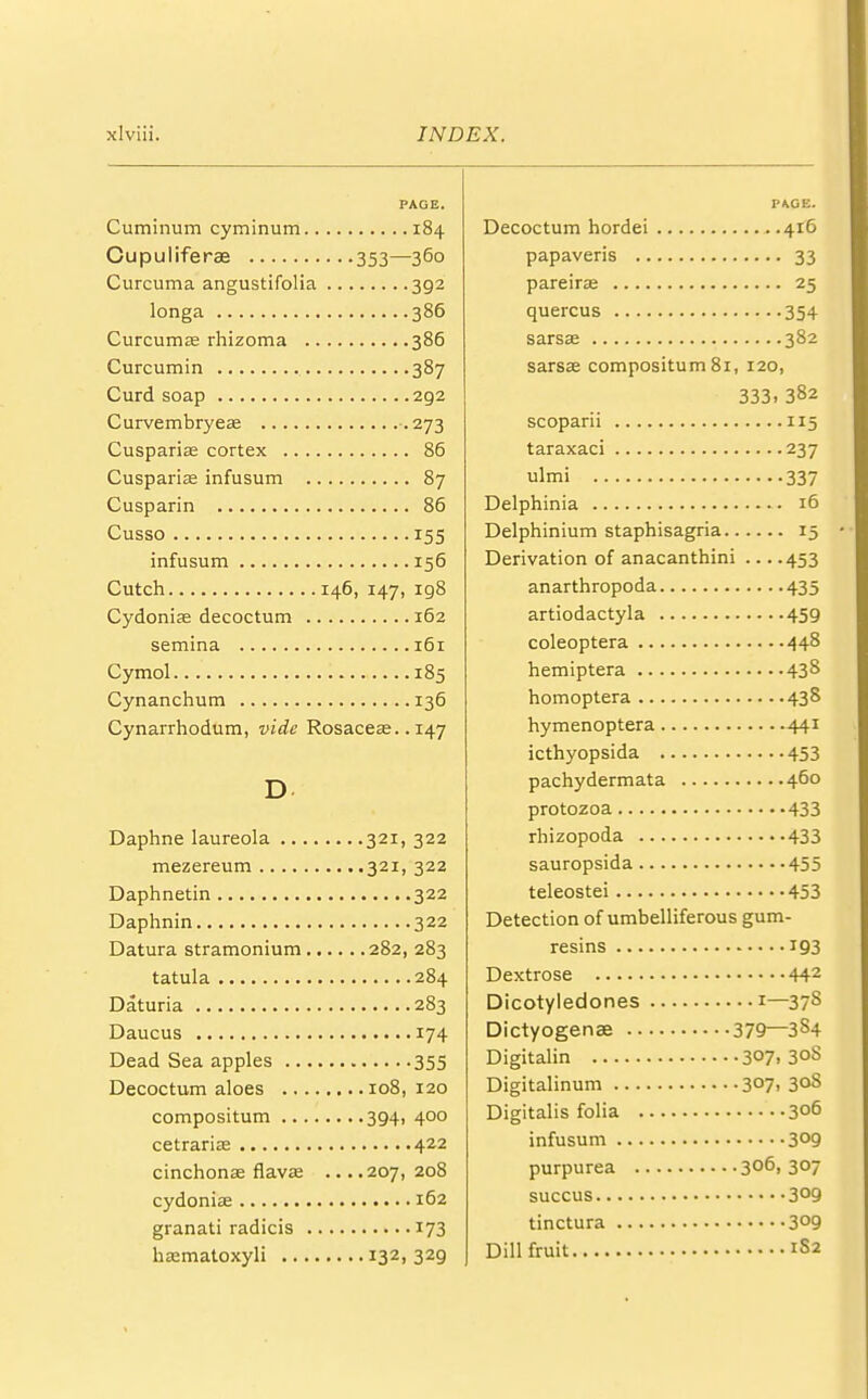 PAGE. Cuminum cyminum 184 Cupuliferae 353—360 Curcuma angustifolia 392 longa 386 Curcumas rhizoma 386 Curcumin 387 Curd soap 292 Curvembryeas -273 Cuspariffi cortex 86 Cuspariae infusum 87 Cusparin 86 Cusso 155 infusum 156 Cutch 146, 147, 198 Cydonias decoctum 162 semina 161 Cymol 185 Cynanchum 136 Cynarrhodum, vide Rosacea?.. 147 D Daphne laureola 321, 322 mezereum 321, 322 Daphnetin 322 Daphnin 322 Datura stramonium 282, 283 tatula 284 Daturia 283 Daucus 174 Dead Sea apples 355 Decoctum aloes 108, 120 compositum 394, 400 cetraria? 422 cinchonae flavas ... .207, 208 cydonias 162 granati radicis 173 hasmatoxyli 132,329 PAGE. Decoctum hordei 416 papaveris 33 pareira? 25 quercus 354 sarsas 382 sarsae compositum 81, 120, 333. 382 scoparii 115 taraxaci 237 ulmi 337 Delphinia 16 Delphinium staphisagria 15 Derivation of anacanthini 453 anarthropoda 435 artiodactyla 459 coleoptera 448 hemiptera 438 homoptera 438 hymenoptera 441 icthyopsida 453 pachydermata 460 protozoa 433 rhizopoda 433 sauropsida 455 teleostei 453 Detection of umbelliferous gum- resins 193 Dextrose 442 Dicotyledones 1—37s Dictyogenae 379—384 Digitalin 3°7. 3°S Digitalinum 307, 3°8 Digitalis folia 3°6 infusum 3°9 purpurea 3o6> 3°7 succus 3°9 tinctura 3°9 Dill fruit 1S2