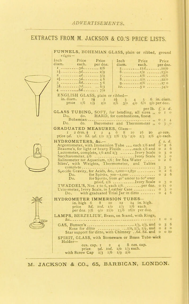 EXTRACTS FROM M. JACKSON & CO.'S PRICE LISTS. FUNNELS, BOHEMIAN GLASS, plain or ribbed edges— Inch Price Price Inch diam. each. per doz. diam. I 3d 2/6 5... i£ 3d 2/9 6... 2, 4<< 3/9 7--. 2i 5d 46 8... 3 6rf 56 g... 3h 7d 6/3 10... 4 Sd... 7/0 ENGLISH GLASS, plain or ribbed— in. diam. 1 2 2j 3 4 price 1/6 1/9 2/0 2/6 3/0 4/0 Price each. ..lid.., ..1/2 ., ..1/6 .. ..2/0 .. ..2/6 . ..30 . ground Price per doz. ...10/0 ...13/0 ...16/6 ...22/0 ...27 o ••-34/o 5 6/0 6 in. diam. 9/0 per doz. £ s. d. per lb GLASS TUBING, SOFT, for bending, all sizes „ o 1 o Do. do. HARD, for combustions, finest Bohemian „ o 1 4 Do. do. Barometer and Thermometer ,,030 GRADUATED MEASURES, Glass— 1 2 drm. J 1 2 4 6 8 10 16 20 40 ozs. price gd. 1/0 8d. gd. 1/0 1/3 1/6 1/9 2/0 2/3 2/6 4/0 each. HYDROMETERS, &c— £ s. d. Argentometer, with Immersion Tube each 1/6 and 026 Beaume's, for light or heavy Fluids each 1/6 and 026 Lactometer, complete, 1/6 and 2/3 Ivory Scale 030 Saccharometer, 2/6 Ivory Scale 030 Salinometer lor Aquarium, 1/6 ; for Sea Water o 2 6 Sikes', with Weights, Thermometer, and Tables complete 3 3 o Specific Gravity, for Acids, &c, 1,000—1,850 o 2 6 Do. for Spirits, 700—1,000 o 2 6 Do. for Spirits, from 40° under to 60° over proof, 2/6 Ivory Scale 030 TWADDEL'S, Nos. 1 to 6, each 1/6 per doz. o 15 o Urinometer, Ivory Scale, in Leather Case o 3 o Do. with graduated Trial Jar in ditto o 4 6 HYDROMETER IMMERSION TUBES— in. high 6 8 10 12 14 in. high, price Sd. xorf. 1/0 1/3 1/6 each, per doz. 7/6 9/0 11/0 13/6 16/0 per doz. LAMPS, BERZELIUS', Brass, on Stand, with Rings, &c 100 GAS, Bunsen's 1/3, 2/3, and 036 Rose for ditto 1/0, 1/3, 1/9, and 020 Star support for ditto, with Chimney . .6d. Sd. and o o 10 SPIRIT, GLASS, with Stoneware or Brass Tube wick Holder— ozs. cap. 1248 ozs. cap. price gd. lod. 1/0 1/3 each, with Screw Cap 1/3 1/6 1/9 2/0