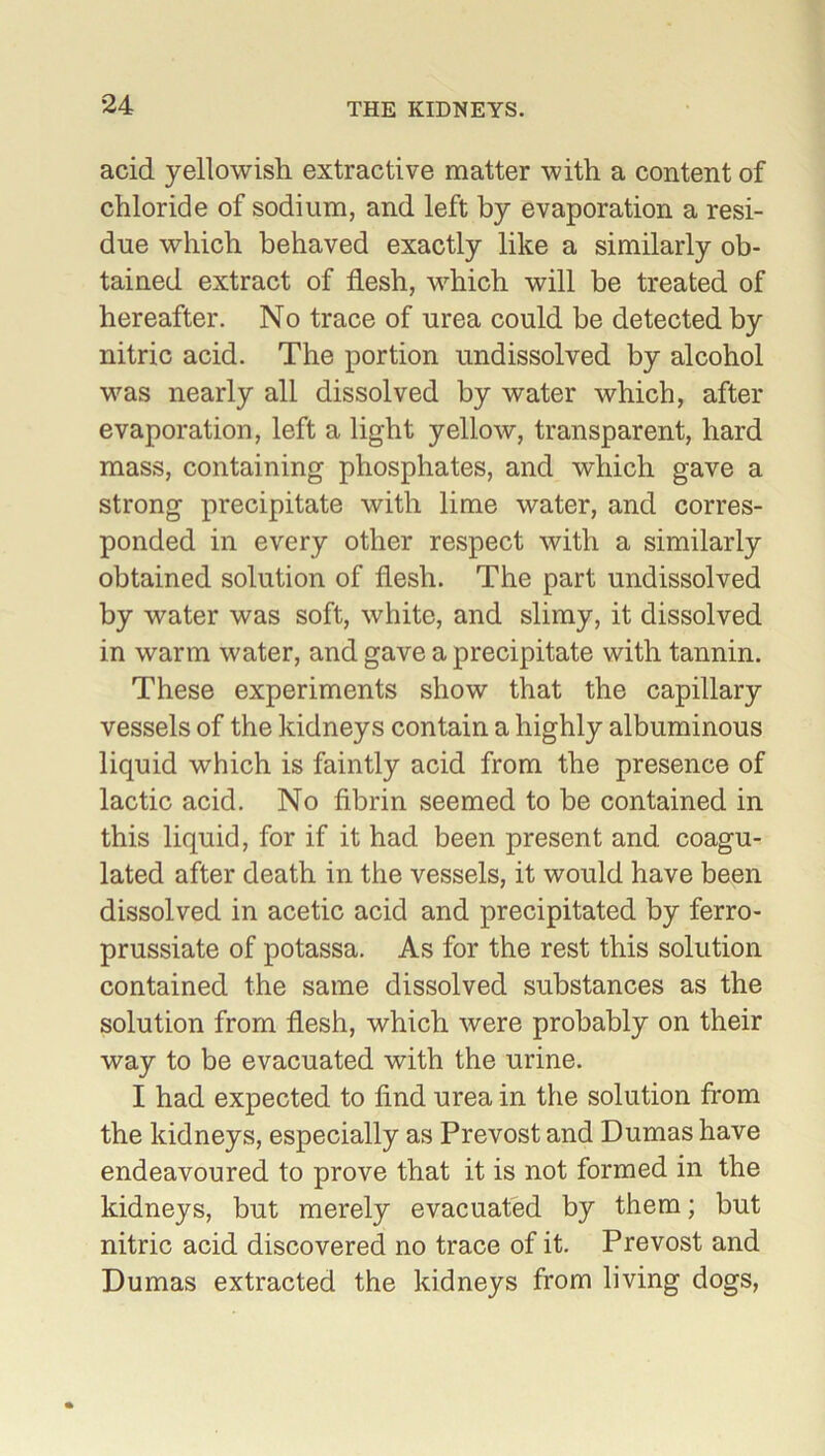 acid yellowish extractive matter with a content of chloride of sodium, and left by evaporation a resi- due which behaved exactly like a similarly ob- tained extract of flesh, which will be treated of hereafter. No trace of urea could be detected by nitric acid. The portion undissolved by alcohol was nearly all dissolved by water which, after evaporation, left a light yellow, transparent, hard mass, containing phosphates, and which gave a strong precipitate with lime water, and corres- ponded in every other respect with a similarly obtained solution of flesh. The part undissolved by water was soft, white, and slimy, it dissolved in warm water, and gave a precipitate with tannin. These experiments show that the capillary vessels of the kidneys contain a highly albuminous liquid which is faintly acid from the presence of lactic acid. No fibrin seemed to be contained in this liquid, for if it had been present and coagu- lated after death in the vessels, it would have been dissolved in acetic acid and precipitated by ferro- prussiate of potassa. As for the rest this solution contained the same dissolved substances as the solution from flesh, which were probably on their way to be evacuated with the urine. I had expected to find urea in the solution from the kidneys, especially as Prevost and Dumas have endeavoured to prove that it is not formed in the kidneys, but merely evacuated by them; but nitric acid discovered no trace of it. Prevost and Dumas extracted the kidneys from living dogs,