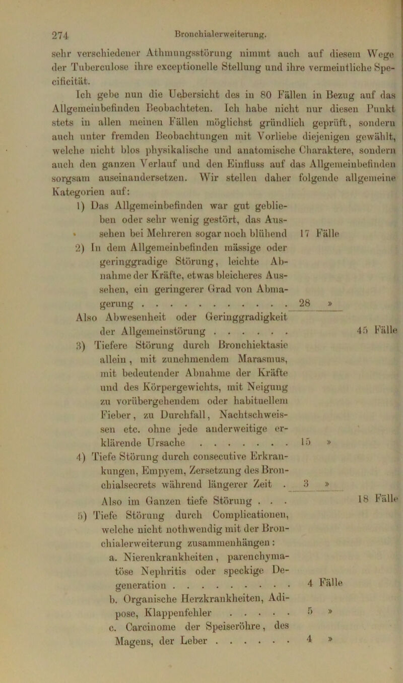 4f> Fälle sehr verschiedener Athmungsstörung nimmt auch auf diesem Wege der Tuberculose ihre exceptionelle Stellung und ihre vermeintliche Spe- citicität. Ich gebe nun die Uebersicht des in 80 Fällen in Bezug auf das Allgemeinbefinden Beobachteten. Ich habe nicht nur diesen Punkt stets in allen meinen Fällen möglichst gründlich geprüft, sondern auch unter fremden Beobachtungen mit Vorliebe diejenigen gewählt, welche nicht blos physikalische und anatomische Charaktere, sondern auch den ganzen Verlauf und den Einfluss auf das Allgemeinbefinden sorgsam auseinandersetzen. Wir stellen daher folgende allgemeine Kategorien auf: 1) Das Allgemeinbefinden war gut geblie- ben oder sehr wenig gestört, das Aus- » sehen bei Mehreren sogar noch blühend 17 Fälle 2) In dem Allgemeinbefinden massige oder geringgradige Störung, leichte Ab- nahme der Kräfte, etwas bleicheres Aus- sehen, ein geringerer Grad von Abma- gerung 28 » Also Abwesenheit oder Geringgradigkeit der Allgemeinstörung 8) Tiefere Störung durch Bronchiektasie allein, mit zunehmendem Marasmus, mit bedeutender Alm ahme der Kräfte und des Körpergewichts, mit Neigung zu vorübergehendem oder habituellem Fieber , zu Durchfall, Nachtschweis- sen etc. ohne jede anderweitige er- klärende Ursache 15 4) Tiefe Störung durch eonsecutive Erkran- kungen, Empyem, Zersetzung des Bron- chialsecrets während längerer Zeit . Also im Ganzen tiefe Störung . . . Tiefe Störung durch Complicatiouen, welche nicht nothwendig mit der Bron- chialerweiterung Zusammenhängen: a. Nierenkraukheiten, parenchyma- töse Nephritis oder speckige De- generation b. Organische Herzkrankheiten, Adi- pöse, Klappenfehler c. Carcinome der Speiseröhre, dos Magens, der Leber 3 18 Fälle 5) 4 Fälle