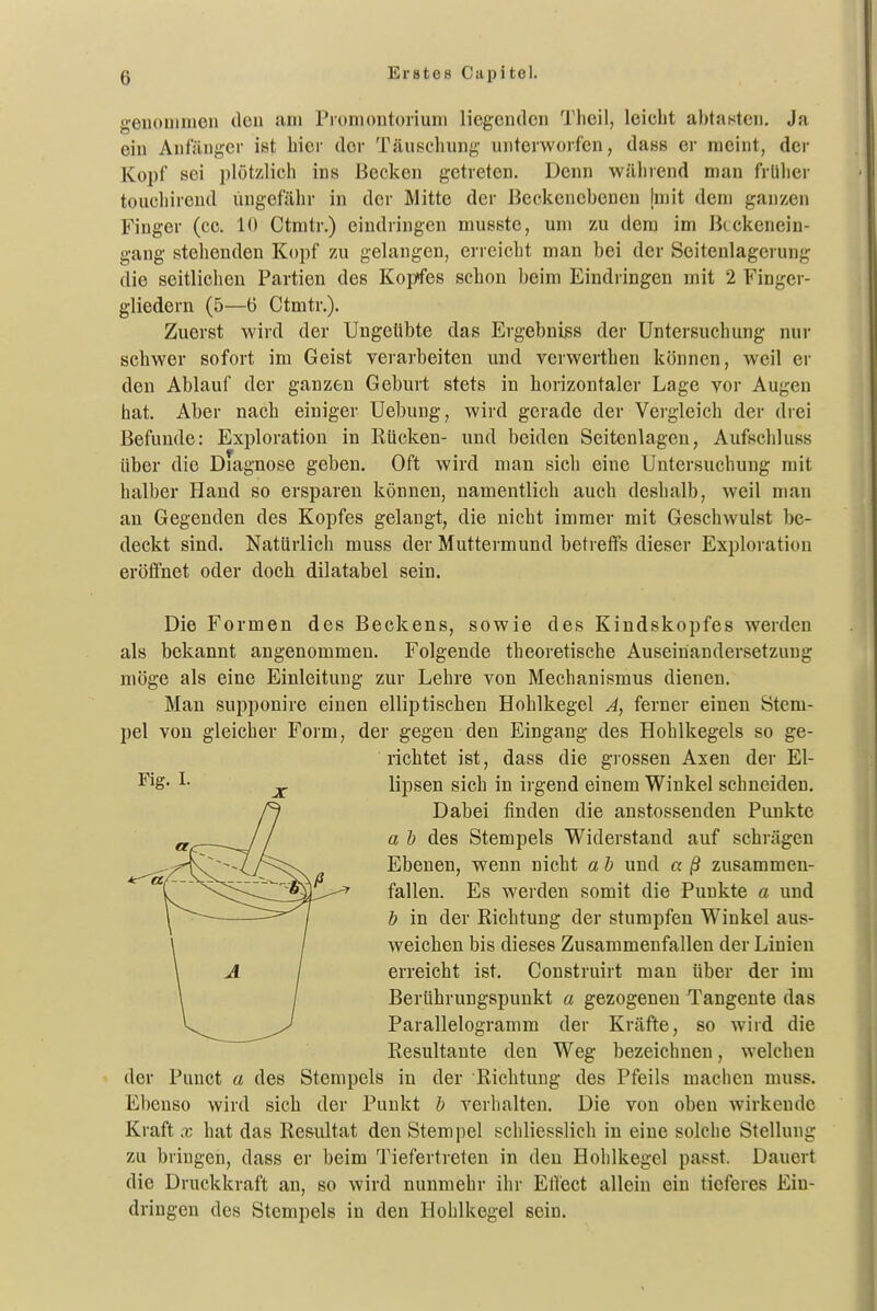 geiiouiiiien den am Proniontoiiuni liegenden Theil, leicht abtasten. Ja ein Anfänger ist hier der Täuschung unterworfen, dass er meint, der Kopf sei plötzlich ins Becken getreten. Denn während man früher toucliireud ungefähr in der Mitte der Beckenebenen Iniit dem ganzen Finger (cc. 10 Ctmtr.) eindringen musste, um zu dem im Bcckenein- gang stehenden Kopf zu gelangen, erreicht man bei der Seitenlagerung die seitlichen Partien des Kopfes schon beim Eindringen mit 2 Finger- gliedern (5—(3 Ctmtr.). Zuerst wird der Ungeübte das Ergebnigs der Untersuchung nur schwer sofort im Geist verarbeiten und verwerthen können, weil er den Ablauf der ganzen Geburt stets in horizontaler Lage vor Augen hat. Aber nach einiger Uebung, wird gerade der Vei'gleich der drei Befunde: Exploration in Eücken- und beiden Seitenlagen, Aufschluss über die Diagnose geben. Oft wird man sich eine Untersuchung mit halber Hand so ersparen können, namentlich auch deshalb, weil man an Gegenden des Kopfes gelangt, die nicht immer mit Geschwulst be- deckt sind. Natürlich muss der Muttermund betreffs dieser Exploration eröffnet oder doch dilatabel sein. Die Formen des Beckens, sowie des Kindskopfes werden als bekannt angenommen. Folgende theoretische Auseinandersetzung möge als eine Einleitung zur Lehre von Mechanismus dienen. Man supponire einen elliptischen Hohlkegel A, ferner einen Stem- pel von gleicher Form, der gegen den Eingang des Hohlkegels so ge- richtet ist, dass die grossen Axen der El- ^ig- ^- lipsen sich in irgend einem Winkel schneiden. Dabei finden die anstossenden Punkte a b des Stempels Widerstand auf schrägen Ebenen, wenn nicht a b und a ß zusammen- fallen. Es werden somit die Punkte a und b in der Richtung der stumpfen Winkel aus- weichen bis dieses Zusammenfallen der Linien erreicht ist. Construirt man über der im Berührungspunkt a gezogenen Tangente das Parallelogramm der Kräfte, so wird die Resultante den Weg bezeichnen, welchen der Punct a des Stempels in der Richtung des Pfeils macheu muss. Ebenso wird sich der Punkt b verhalten. Die von oben wirkende Kraft X hat das Resultat den Stempel schliesslich in eine solche Stellung zu bringen, dass er beim Tiefertreten in den Hohlkegel passt. Dauert die Druckkraft an, so wird nunmehr ihr ElVect allein ein tieferes Ein- dringen des Stempels in den Hohlkegel sein.