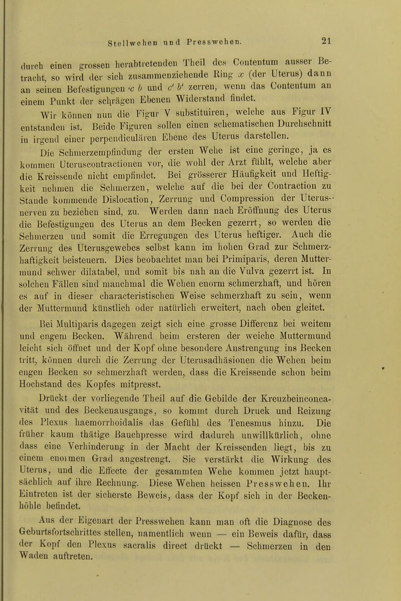 Stellwehen txnd Presswehen. durch einen grossen herabtietenden Theil des Contentura ausser Be- tracht, so wird der sich zusaninienzieheude Ring x (der Uterus) dann an seinen Befestigungen -c b und c' h' zerren, wenn das Contentum an einem Punkt der schrägen Ebenen Widerstand findet. Wir können nun die Figur V substituiren, wclclie aus Figur IV entstanden ist. Beide Figuren sollen einen schematischen Durchschnitt in irgend einer perpcndiculüren Ebene des Uterus darstellen. Die Schnierzempfindung der ersten Wehe ist eine geringe, ja es kommen Uteruscontractionen vor, die wohl der Arzt fühlt, welche aber die Kreisseude nicht empfindet. Bei grösserer Häufigkeit und Heftig- keit nehmen die Schmerzen, welche auf die bei der Contractiou zu Stande kommende Dislocation, Zerrung und Compression der Uterus- nerven zu beziehen sind, zu. Werden dann nach Eröffnung des Uterus die Befestigungen des Uterus an dem Becken gezerrt, so werden die Schmerzen und somit die Erregungen des Uterus heftiger. Auch die Zeri ung des Uterusgewebes selbst kann im hohen Grad zur Schmerz- haftigkeit beisteuern. Dies beobachtet man bei Primiparis, deren Mutter- mund schwer dilatabel, und somit bis nah an die Vulva gezerrt ist. In solchen Fällen sind manchmal die Wehen enorm schmerzhaft, und hören es auf in dieser characteristischen Weise schmerzhaft zu sein, wenn der Muttermund künstlich oder natürlich erweitert, nach oben gleitet. Bei Multiparis dagegen zeigt sich eine grosse Differenz bei weitem und engem Becken. Während beim ersteren der weiche Muttermund leicht sich öänet und der Kopf ohne besondere Anstrengung ins Becken tritt, können durch die Zerrung der Üterusadhäsionen die Wehen beim engen Becken so schmerzhaft werden, dass die Kreissende schon beim Hoch stand des Kopfes mitpresst. Drückt der vorliegende Theil auf die Gebilde der Kreuzbeinconca- vität und des Beckenausgangs, so kommt durch Druck und Reizung des Plexus haeraorrhoidalis das Gefühl des Tenesmus hinzu. Die früher kaum thätige Bauchpresse wird dadurch unwillkürlich, ohne dass eine Verhinderung in der Macht der Kreissenden liegt, bis zu einem enoimen Grad angestrengt. Sie verstärkt die Wirkung des Uterus, und die Effecte der gesammten Wehe kommen jetzt haupt- sächlich auf ihre Rechnung. Diese Wehen heisscn Presswehen. Ihr Eintreten ist der sicherste Beweis, dass der Kopf sich in der Becken- höhle befindet. Aus der Eigenart der Presswehen kann man oft die Diagnose des Geburtsfortschrittes stellen, namentlich wenn — ein Beweis dafür, dass der Kopf den Plexus sacralis direct drückt — Schmerzen in den Waden auftreten.