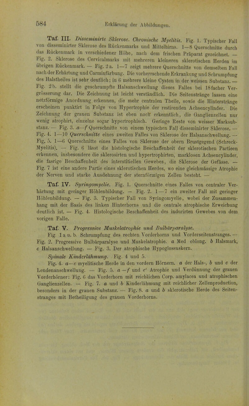 f)S.| Taf. III. Bisseminirte Sklerose. Chronische Myelitis. Fig. 1. Typischer Fall von disseminier Sklerose des Rückenmarks und Mittelbirns. 1-8 Querschnitte durch das Rückenmark in verschiedener Höhe, nach dem frischen Präparat gezeichnet. - Fig. 2. Sklerose des Corvicalmarks mit mehreren kleineren sklerotischen Herden im übrigen Rückenmark. — Fig. 2 a. 1—7 zeigt mehrere Querschnitte von demselben Fall nach der Erhärtung und Carminfärbung. Die vorherrschende Erkrankung und Schrumpfung des Halstheiles ist sehr deutlich; in G mehrere kleine Cysten in der weissen Substanz. — Fig. 2 b. stellt die geschrumpfte Halsanschwellung dieses Falles bei 18facher Ver- grösserung dar. Die Zeichnung ist leicht verständlich. Die Seitenstränge lassen eine netzförmige Anordnung erkennen, die mehr centralen Theile, sowie die Hinterstränge erscheinen punktirt in Folge von Hypertrophie der restirenden Achsencylinder. Die Zeichnung der grauen Substanz ist eben noch* erkenntlich, die Ganglienzellen nur wenig atrophirt, einzelne sogar hypertrophisch. Geringe Reste von weisser Marksub- stanz. — Fig. 3. .a—f Querschnitte von einem typischen Fall disseminirter Sklerose. — Fig. 4. 1—10 Querschnitte eines zweiten Falles von Sklerose der Halsanschwellung. — Fig. 5. 1—6 Querschnitte eines Falles von Sklerose der obern Brustgegend (Schreck- Myelitis). — Fig. 6 lässt die histologische Beschaffenheit der sklerotischen Partieen erkennen, insbesondere die sklerosirten und hypertropbirten, marklosen Achsencylinder, die fasrige Beschaffenheit des interstitiellen Gewebes, die Sklerose der Gefässe. — Fig. 7 ist eine andere Partie eines sklerotischen Herdes, wo eine gleichmässige Atrophie der Nerven und starke Ausdehnung der sternförmigen Zellen besteht. — Taf. IV. Syringomyelie. Fig. 1. Querschnitte eines Falles von centraler Ver- härtung mit geringer Höhlenbildung. — Fig. 2. 1 — 7 ein zweiter Fall mit geringer Höhlenbildung. — Fig. 3. Typischer Fall von Syringomyelie, wobei der Zusammen- hang mit der Basis des linken Hinterhorns und die centrale atrophische Erweichung deutlich ist. — Fig. 4. Histologische Beschaffenheit des indurirten Gewebes von dem vorigen Falle. Taf. V. Progressive Mushelatrophie und Bulbärparalyse. Fig. lau. b. Schrumpfung des rechten Vorderhorns und Vorderseitenstranges.— Fig. 2. Progressive Bulbärparalyse und Muskelatrophie, a Med oblong, b Halsmark, c Halsanschwellung. — Fig. 3. Der atrophische Hypoglossuskern. Spinale Kinderlähmung. Fig. 4 und 5. Fig. 4. a—c myelitische Herde in den vordem Hörnern, a der Hals-, b und c der Lendenanschwellung. — Fig. 5. a—f und e' Atrophie und Verdünnung der grauen Vorderhörner: Fig. 6 das Vorderhorn mit reichlichen Corp. amylacea und atrophischen Ganglienzellen. — Fig. 7. a und b Kinderlähmung mit reichlicher Zellenproduction, besonders in der grauen Substanz. — Fig. 8. a und b sklerotische Herde des Seiten- stranges mit Betheiligung des grauen Vorderhorns«