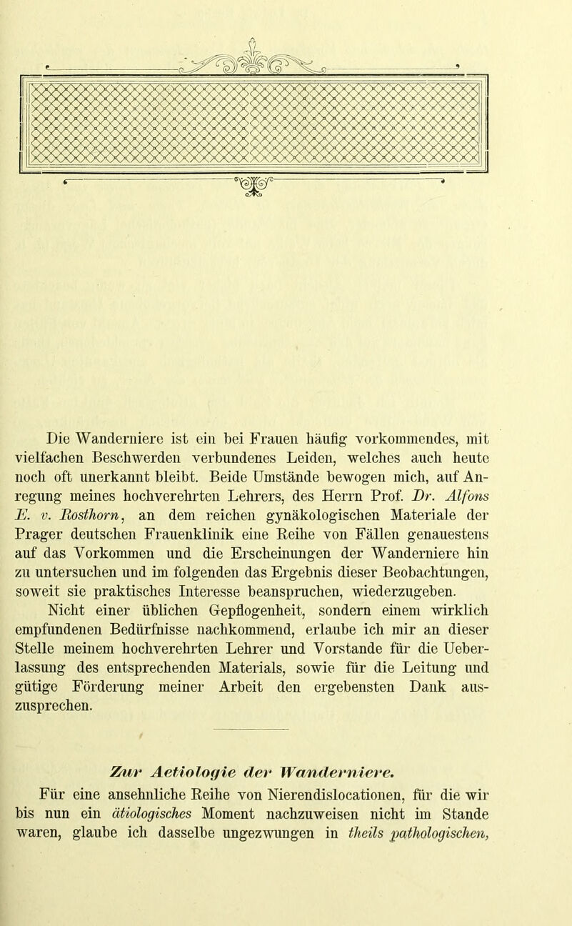 Die Wanderniere ist ein bei Frauen häutig vorkommendes, mit vielfachen Beschwerden verbundenes Leiden, welches auch heute noch oft unerkannt bleibt. Beide Umstände bewogen mich, auf An- regung meines hochverehrten Lehrers, des Herrn Prof. Br. Alfons E. v. Rosthorn, an dem reichen gynäkologischen Materiale der Prager deutschen Frauenklinik eine Reihe von Fällen genauestem* auf das Vorkommen und die Erscheinungen der Wanderniere hin zu untersuchen und im folgenden das Ergebnis dieser Beobachtungen, soweit sie praktisches Interesse beanspruchen, wiederzugeben. Nicht einer üblichen Gepflogenheit, sondern einem wirklich empfundenen Bedürfnisse nachkommend, erlaube ich mir an dieser Stelle meinem hochverehrten Lehrer und Vorstande für die Ueber- lassung des entsprechenden Materials, sowie für die Leitung und gütige Förderung meiner Arbeit den ergebensten Dank aus- zusprechen. Zur Aetioloyie der Wanderniere. Für eine ansehnliche Reihe von Nierendislocationen, für die wir bis nun ein ätiologisches Moment nachzuweisen nicht im Stande waren, glaube ich dasselbe ungezwungen in theils pathologischen,