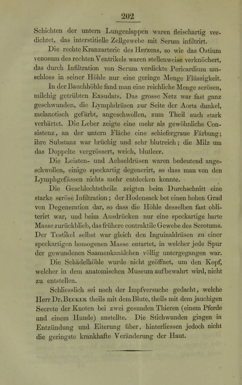 Schichten der untern Lungenlappen waren fleischartig ver- dichtet, das interstitielle Zellgewebe mit Serum infiltrirt. Die rechte Kranzarterie des Herzens, so wie das Ostium venosum des rechten Ventrikels waren stellenweise verknöchert, das durch Infiltration von Serum verdickte Pericardium urn- schloss in seiner Höhle nur eine geringe Menge Flüssigkeit. In der Bauchhöhle fand man eine reichliche Menge serösen, milchig getrübten Exsudats. Das grosse Netz war fast ganz geschwunden, die Lymphdrüsen zur Seite der Aorta dunkel, melanotisch gefärbt, angeschwollen, zum Theil auch stark verhärtet. Die Leber zeigte eine mehr als gewöhnliche Con- sistenz, an der untern Fläche eine schiefergraue Färbung; ihre Substanz war brüchig und sehr blutreich; die Milz um das Doppelte vergrössert, weich, blutleer. Die Leisten- und Achseldrüsen waren bedeutend ange- schwollen, einige speckartig degenerirt, so dass man von den Lyniphgefässen nichts mehr entdecken konnte. Die Geschlechtstheile zeigten beim Durchschnitt eine starke seröse Infiltration; der Hodensack bot einen hohen Grad von Degeneration dar, so dass die Höhle desselben fast obli- terirt war, und beim Ausdrücken nur eine speckartige harte Masse zurückblieb, das frühere contraktile Gewebe des Scrotums. Der Testikel selbst war gleich den Inguinaldrüsen zu einer speckartigen homogenen Masse entartet, in welcher jede Spur der gewundenen Saamenkanälchen völlig untergegangen war. Die Schädelhöhle wurde nicht geöffnet, um den Kopf, welcher in dem anatomischen Museum aufbewahrt wird, nicht zu entstellen. Schliesslich sei noch der Impfversuche gedacht, welche Herr Dr. Becker theils mit dem Blute, theils mit dem jauchigen Secrete der Knoten bei zwei gesunden Thieren (einem Pferde und einem Hunde) anstellte. Die Stichwunden gingen in Entzündung und Eiterung über, hinterliessen jedoch nicht die geringste krankhafte Veränderung der Haut.