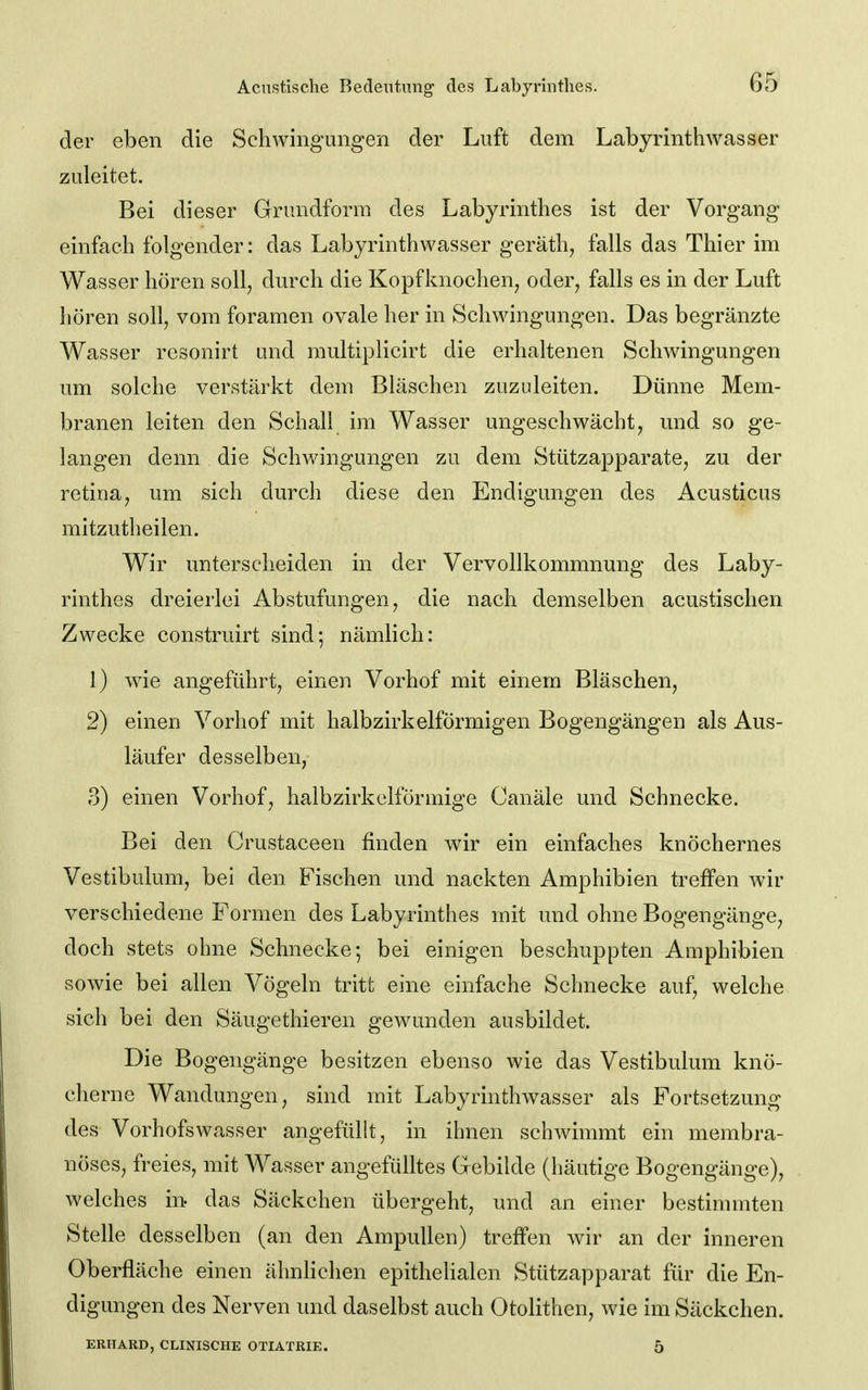 der eben die Schwingungen der Luft dem Labyrinthwasser zuleitet. Bei dieser Grundform des Labyrinthes ist der Vorgang einfach folgender: das Labyrinthwasser geräth^ falls das Thier im Wasser hören soll, durch die Kopfknochen, oder, falls es in der Luft hören soll, vom foramen ovale her in Schwingungen. Das begränzte Wasser resonirt und multiplicirt die erhaltenen Schwingungen um solche verstärkt dem Bläschen zuzuleiten. Dünne Mem- branen leiten den Schall im Wasser ungeschwäcbt, imd so ge- langen denn die Schwingungen zu dem Stützapparate, zu der retina, um sich durch diese den Endigungen des Acusticus mitzutbeilen. Wir unterscheiden in der Vervollkommnung des Laby- rinthes dreierlei Abstufungen, die nach demselben acustischen Zwecke construirt sind; nämlich: 1) wie angeführt, einen Vorhof mit einem Bläschen, 2) einen Vorhof mit halbzirkeiförmigen Bogengängen als Aus- läufer desselben, 3) einen Vorhof, halbzirkelförmige Canäle und Schnecke. Bei den Crustaceen finden wir ein einfaches knöchernes Vestibulum, bei den Fischen und nackten Amphibien treffen wir verschiedene Formen des Labyrinthes mit und ohne Bogengänge, doch stets ohne Schnecke; bei einigen beschuppten Amphibien sowie bei allen Vögeln tritt eine einfache Schnecke auf, welche sich bei den Säugethieren gewunden ausbildet. Die Bogengänge besitzen ebenso wie das Vestibulum knö- cherne Wandungen, sind mit Labyrinthwasser als Fortsetzung des Vorhofswasser angefüllt, in ihnen schwimmt ein membra- nöses, freies, mit Wasser angefüütes Gebilde (häutige Bogengänge), welches in das Säckchen übergeht, und an einer bestimmten Stelle desselben (an den Ampullen) treffen wir an der inneren Oberfläche einen ähnHclien epithelialen Stützapparat für die En- digungen des Nerven und daselbst auch Otolithen, wie im Säckchen. ERHARD, CLINISCHE OTIATRIE. 5