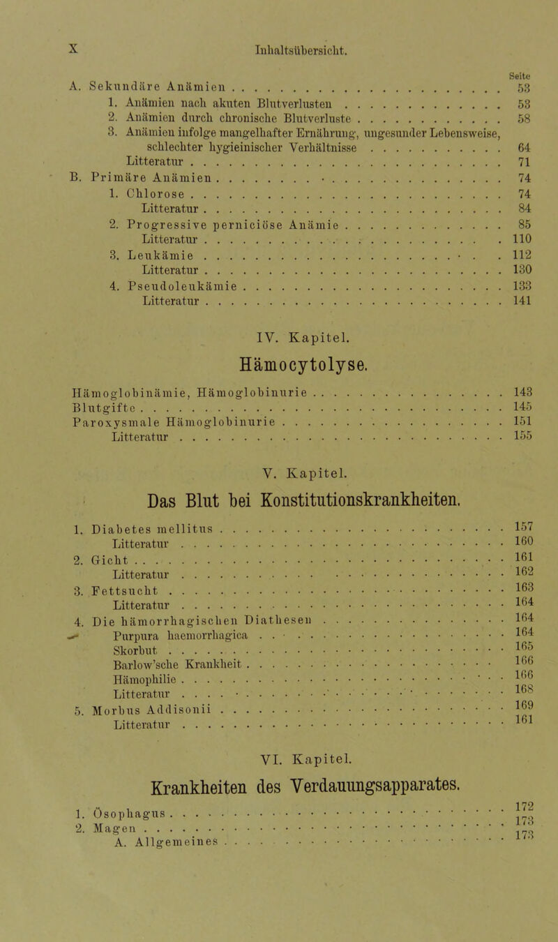 Seite A. Sekundäre Anämien 53 1. Anämien nach akuten Blutverlusten 53 2. Anämien durch chronische Blutverluste 58 3. Anämien infolge mangelhafter Ernährung, ungesunder Lebensweise, schlechter hygieinischer Verhältnisse 64 Litteratur 71 B. Primäre Anämien • 74 1. Chlorose 74 Litteratur 84 2. Progressive perniciöse Anämie 85 Litteratur 110 3. Leukämie • . . 112 Litteratur 130 4. Pseudoleukämie 133 Litteratur 141 IV. Kapitel. Hämocytolyse. Hämoglobinämie, Hämoglobinurie 143 Blutgifte 145 Paroxysmale Hämoglobinurie 151 Litteratur 155 V. Kapitel. Das Blut bei Konstitutionskrankheiten. 1. Diabetes mellitus 157 Litteratur 160 2. Gicht 161 Litteratur 162 3. Fettsucht 163 Litteratur 164 4. Die hämorrhagischen Diathesen 164 Purpura haemorrhagica . . 164 Skorbut, Barlow’sche Krankheit Hämophilie • • ^ Litteratur .... • •......• • 168 5. Morbus Addisonii 169 Litteratur ^ VI. Kapitel. Krankheiten des Verdauungsapparates. 1. Ösophagus .... 2. Magen A. Allgemeines . 172 . 173 . 173