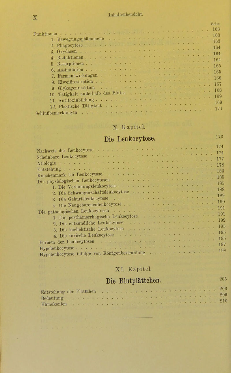 Seit« 163 Funktionen Igg 1. Bewegungsphänomene 2. Phagocytose 3. Oxydasen ^g^ 4. Eeduktionen ^g^^ 5. Eesorptionen 6. Assimilation ^g^ 7. Fermentwirkungen 8. Eiweißresorption ^g^ 9. Glykogenreaktion ^gg 10. Tätigkeit außerhalb des Blutes 11. Antitoxinbildung ^gg 12. Plastische Tätigkeit Schlußbemerkungen X. Kapitel. Die Leukocytose. ..... 174 Nachweis der Leukocytose Scheinbare Leukocytose Ätiologie .178 Entstehung Knochenmark bei Leukocytose Die physiologischen Leukocytosen 1. Die Verdauungsleukocytose 2. Die Schwangerschaftsleukocytose 3. Die Geburtsleukocytose 4. Die Neugeborenenleukocytose Die pathologischen Leukocytosen 1. Die posthämorrhagische Leukocytose 2. Die entzündliche Leukocytose 3. Die kachektische Leukocytose ^^'^ 4. Die toxische Leukocytose Formen der Leukocytosen Hypoleukocytose Hypoleukocytose infolge von Röntgenbestrahlung XI. Kapitel. Die Blutplättchen. Entstehung der Plättchen Bedeutung Hämokonien