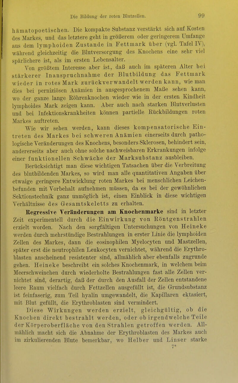 Ilämatopoetischen. Die kompakte Substanz verstärkt sich auf Kosten des Markes, und das letztere gellt in größerem oder geringerem Umfange aus dem lymplioiden Zustande in Fettmark über (vgl. Tafel IV), während gleichzeitig die Blutversorgung des Knochens eine sehr viel spärlichere ist, als im ersten Lebensalter. Von größtem Interesse aber ist, daß auch im späteren Alter bei stärkerer Inanspruchnahme der Blutbildung das Fettmark wieder in rotes Mark zurückverwandelt werden kann, wie man dies bei perniziösen Anämien in ausgesprochenem Maße sehen kann, wo der ganze lange Röhrenknochen wieder wie in der ersten Kindheit lymphoides Mark zeigen kann. Aber auch nach starken Blutverlusten und bei Infektionskrankheiten können partielle Rückbildungen roten Markes auftreten. Wie wir sehen werden, kann dieses kompensatorische Ein- treten des Markes bei schweren Anämien einerseits durch patho- logische Veränderungen des Knochens, besonders Sklerosen, behindert sein, andererseits aber auch ohne solche nachweisbaren Erkrankungen infolge einer funktionellen Schwäche der Marksubstanz ausbleiben. Berücksichtigt man diese wichtigen Tatsachen über die Verbreitung des blutbildenden Markes, so wird man alle quantitativen Angaben über etwaige geringere Entwicklung roten Markes bei menschlichen Leichen- befunden mit Vorbehalt aufnehmen müssen, da es bei der gewöhnlichen Sektionstechnik ganz unmöglich ist, einen Einblick in diese wichtigen Verhältnisse des Gesamtskeletts zu erhalten. Regressive Veränderungen am Knochenmarke sind in letzter Zeit experimentell durch die Einwirkung von Röntgenstrahlen erzielt worden. Nach den sorgfältigen Untersuchungen von Heineke werden durch mehrstündige Bestrahlungen in erster Linie die lymphoiden Zellen des Markes, dann die eosinophilen Myelocyten und Mastzellen, später erst die neutrophilen Leukocyten vernichtet, während die Erythro- blasten anscheinend resistenter sind, allmählich aber ebenfalls zugrunde gehen. Heineke beschreibt ein solches Knochenmark, in welchem beim Meerschweinchen durch wiederholte Bestrahlungen fast alle Zellen ver- nichtet sind, derartig, daß der durch den Ausfall der Zellen entstandene leere Raum vielfach durch Fettzellen ausgefüllt ist, die Grundsubstanz ist feinfaserig, zum Teil hyalin umgewandelt, die Kapillaren ektasiert, mit Blut gefüllt, die Erythroblasten sind vermindert. Diese Wirkungen werden erzielt, gleichgültig, ob die Knochen direkt bestrahlt werden, oder ob irgendwelche Teile der Körperoberfläche von den Strahlen getroffen werden. All- mählich macht sich die Abnahme der Erythroblasten des Markes auch im zirkulierenden Blute bemerkbar, wo Helber und Lins er starke 7*