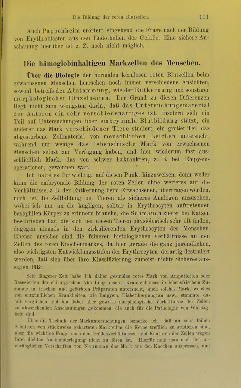 Auch Pappenileim erörtert eingehend die Frage nach der Bildung von Erythroblasten aus den Endothelien der Gefäße. Eine sichere An- schauung hierüber ist z. Z. noch nicht möglich. Die li«ämoglobinhaltigen Markzellen des Menschen. tilber die Biologie der normalen kernlosen roten Blutzellen beim erwachsenen Menschen herrschen noch immer verschiedene Ansichten, sowohl betreffs der Abstammung, wie der Entkernung und sonstiger morphologischer Einzelheiten. Der Grund zu diesen Differenzen liegt nicht zum wenigsten darin, daß das Untersuchungsmaterial der Autoren ein sehr verschiedenartiges ist, insofern sich ein Teil auf Untersuchungen über embryonale Blutbildung stützt, ein anderer das Mark verschiedener Tiere studiert, ein großer Teil das abgestorbene Zellmaterial von menschlichen Leichen untersucht, während nur wenige das lebensfrische Mark von erwachsenen Menschen selbst zur Verfügung haben, und hier wiederum fast aus- schließlich Mark, das von schwer Erkrankten, z. B. bei Empyem- operationeu, gewonnen war. Ich halte es für wichtig, auf diesen Punkt hinzuweisen, denn weder kann die embryonale Bildung der roten Zellen ohne weiteres auf die Verhältnisse, z. B. der Entkernung beim Erwachsenen, übertragen werden, noch ist die Zellbildung bei Tieren als sicheres Analogon anzusehen, wobei ich nur an die kugligen, solitär in Erythrocyteu auftretenden basophilen Körper zu erinnern brauche, die Schmauch zuerst bei Katzen beschrieben hat, die sich bei diesen Tieren physiologisch sehr oft finden, dagegen niemals in den zirkulierenden Erythrocyteu des Menschen. Ebenso unsicher sind die feineren histologischen Verhältnisse an den Zellen des toten Knochenmarkes, da hier gerade die ganz jugendlichen, also wichtigsten Entwicklungsstufen der Erythrocyteu derartig destruiert werden, daß sich über ihre Klassifizierung zumeist nichts Sicheres aus- sagen läßt. Seit längerer Zeit habe ich daher gesundes rotes Mark von Amputierten oder Resezierten der chirurgischen Abteilung unseres Krankenhauses in lebensfrischem Zu- stande in frischen und gefärbten Präparaten untersucht, avich solches Mark, Avelches von entzündlichen Krankheiten, wie Empyem, Diabetikergangrän usw., stammte, da- mit verglichen und bin dabei über gewisse morphologische Verhältnisse der Zellen zu abweichenden Anschauungen gekommen, die auch für die Pathologie von Wichtig- keit sind. Über die Technik der Markuntersuchungen bemerke ich, daß an sehr feineu .Schnitten von stückweise gehärteten Markteilen die Kerne trefflich zu studieren sind, aber die wichtige Frage nach den Größenverhältnissen und Konturen der Zellen wegen iiirer dichten Aneinanderlegung nicht zu lösen ist. Hierfür muß nuin nach den ur- sprünglichen Vorschriften von Neumann das Mark aus den Knochen auspressen, und