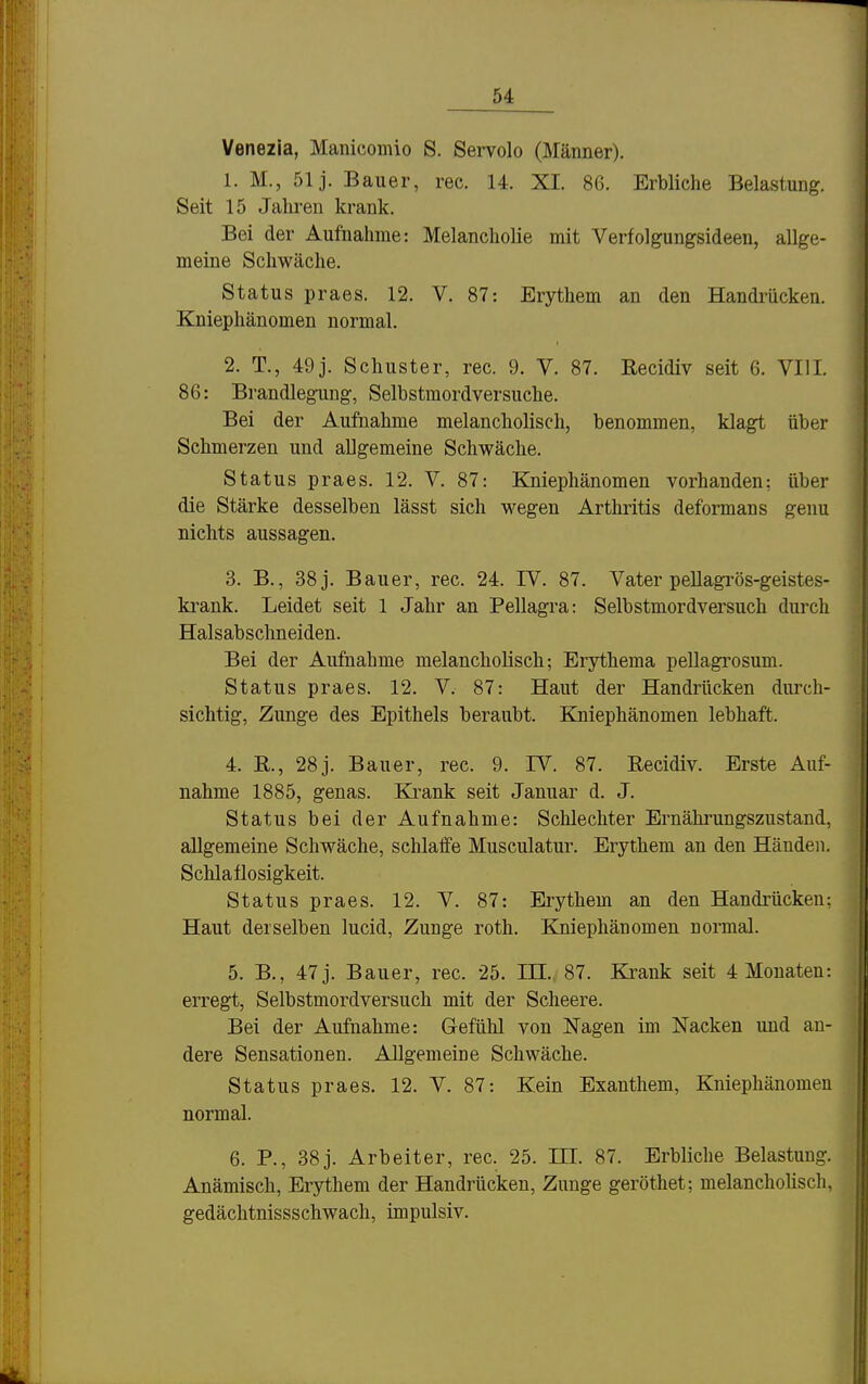 Venezia, Manicomio S. Servolo (Männer). 1. M., 51 j. Bauer, rec. 14. XL 86. Erbliche Belastung. Seit 15 Jahren krank. Bei der Aufnahme: Melancholie mit Verfolgungsideen, allge- meine Schwäche. Status praes. 12. V. 87: Erythem an den Handrücken. Kniepliänomen normal. 2. T., 49j. Schuster, rec. 9. V. 87. Recidiv seit 6. VIII. 86: Brandlegung, Selbstmordversuche. Bei der Aufnahme melancholisch, benommen, klagt über Schmerzen und allgemeine Schwäche. Status praes. 12. V. 87: Kniephänomen vorhanden: über die Stärke desselben lässt sich wegen Arthritis deformans genu nichts aussagen. 3. B., 38 j. Bauer, rec. 24. IV. 87. Vater pellagrös-geistes- krank. Leidet seit 1 Jahr an Pellagra: Selbstmordversuch durch Halsabschneiden. Bei der Aufnahme melancholisch; Erythema pellagi'osum. Status praes. 12. V. 87: Haut der Handrücken durch- sichtig, Zunge des Epithels beraubt. Kniephänomen lebhaft. 4. E., 28j. Bauer, rec. 9. IV. 87. Recidiv. Erste Auf- nahme 1885, genas. Ki-ank seit Januar d. J. Status bei der Aufnahme: Sclilechter Ernähi'ungszustand, allgemeine Schwäche, schlaffe Musculatur. Erythem an den Händen. Schlaflosigkeit. Status praes. 12. V. 87: Erythem an den Handrücken: Haut derselben lucid, Zunge roth. Kniephänomen normal. 5. B., 47 j. Bauer, rec. 25. IH.. 87. Krank seit 4 Monaten: erregt, Selbstmordversuch mit der Scheere. Bei der Aufnahme: Gefühl von Nagen im Nacken und an- dere Sensationen. Allgemeine Schwäche. Status praes. 12. V. 87: Kein Exanthem, Kniephänomen normal. 6. P., 38j. Arbeiter, rec. 25. LH. 87. Erbliche Belastung. Anämisch, Erythem der Handrücken, Zunge geröthet; melancholisch, gedächtnissschwach, impulsiv.